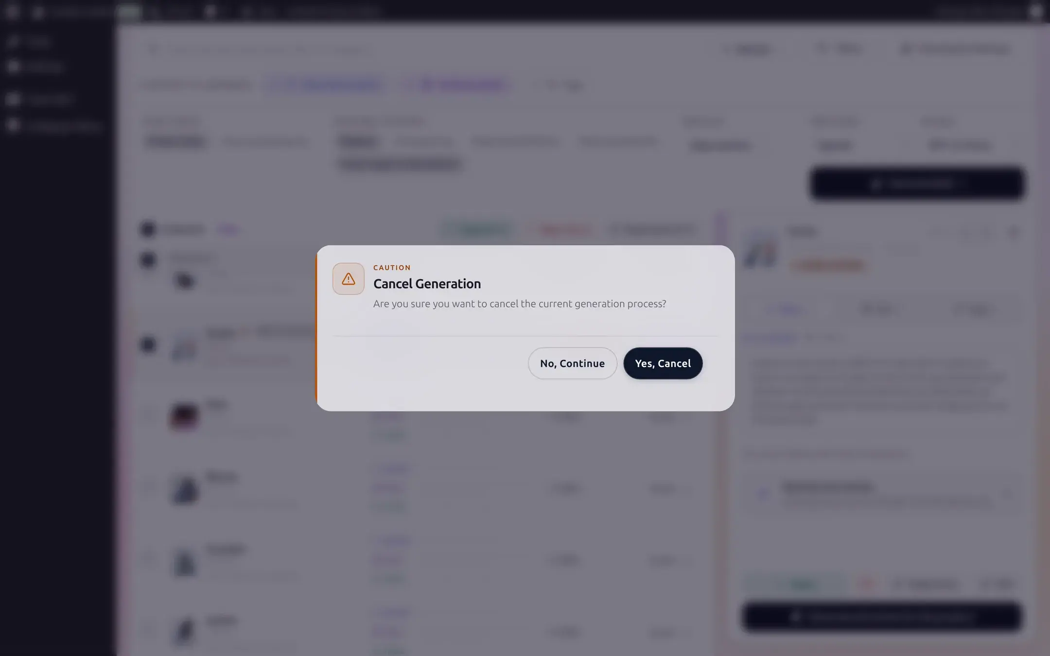 Cancel Generation confirmation dialog asking Are you sure you want to cancel the current generation process, with No, Continue and Yes, Cancel buttons