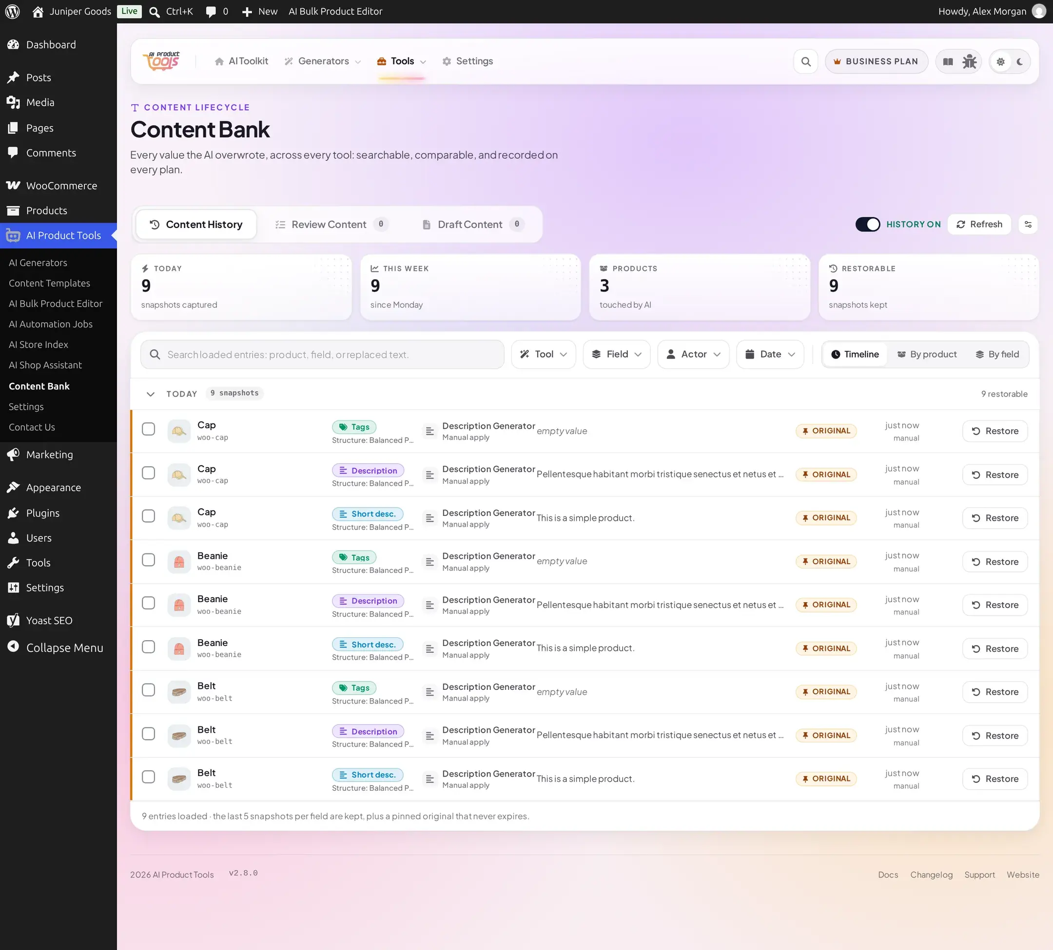 Content Bank History tab listing recent Description Generator snapshots for Cap, Beanie, and Belt, each with a Restore button