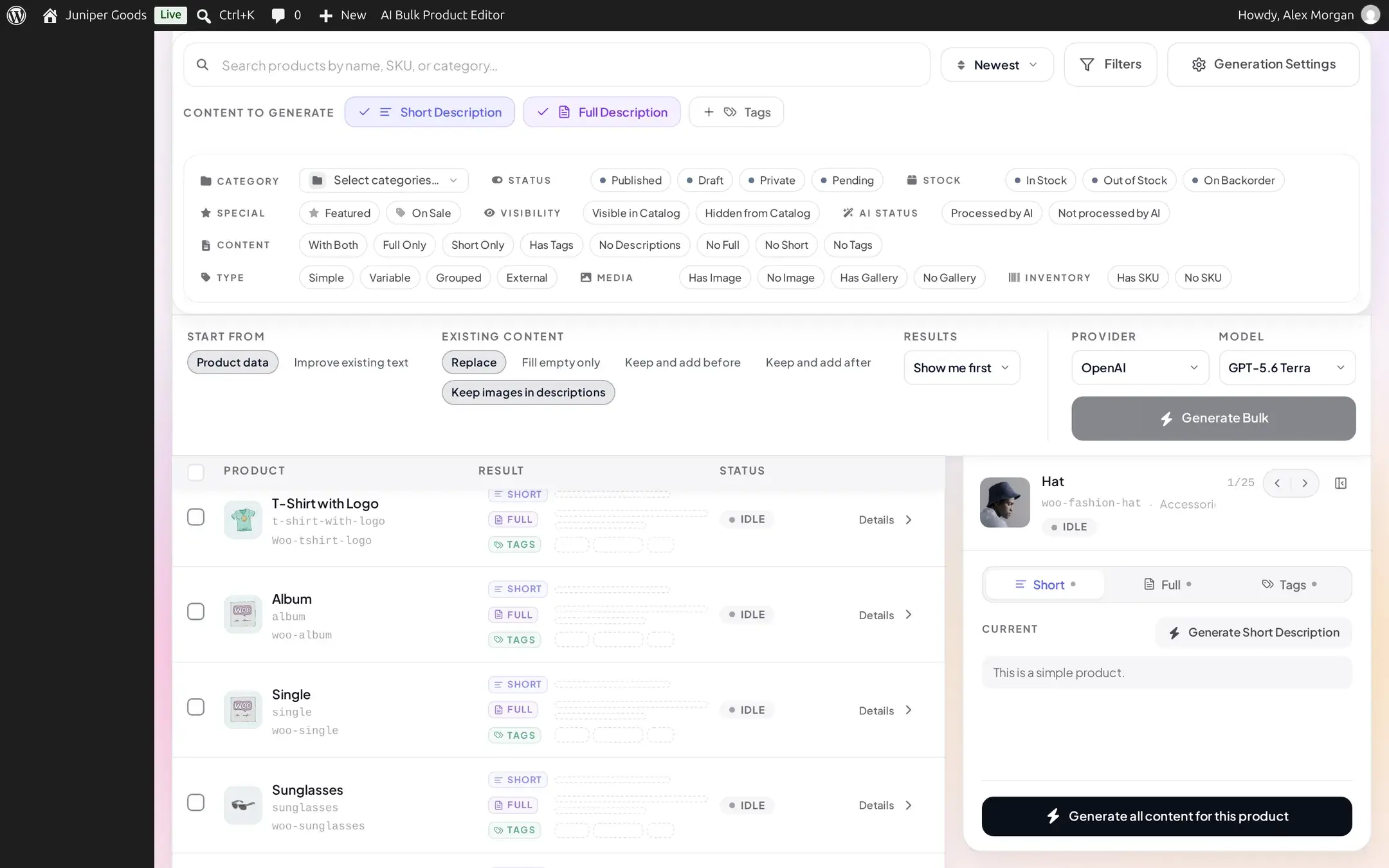 Expanded filters panel with pill toggles for Category, Status, Stock, Special, Visibility, AI status, Content, Type, Media, and Inventory