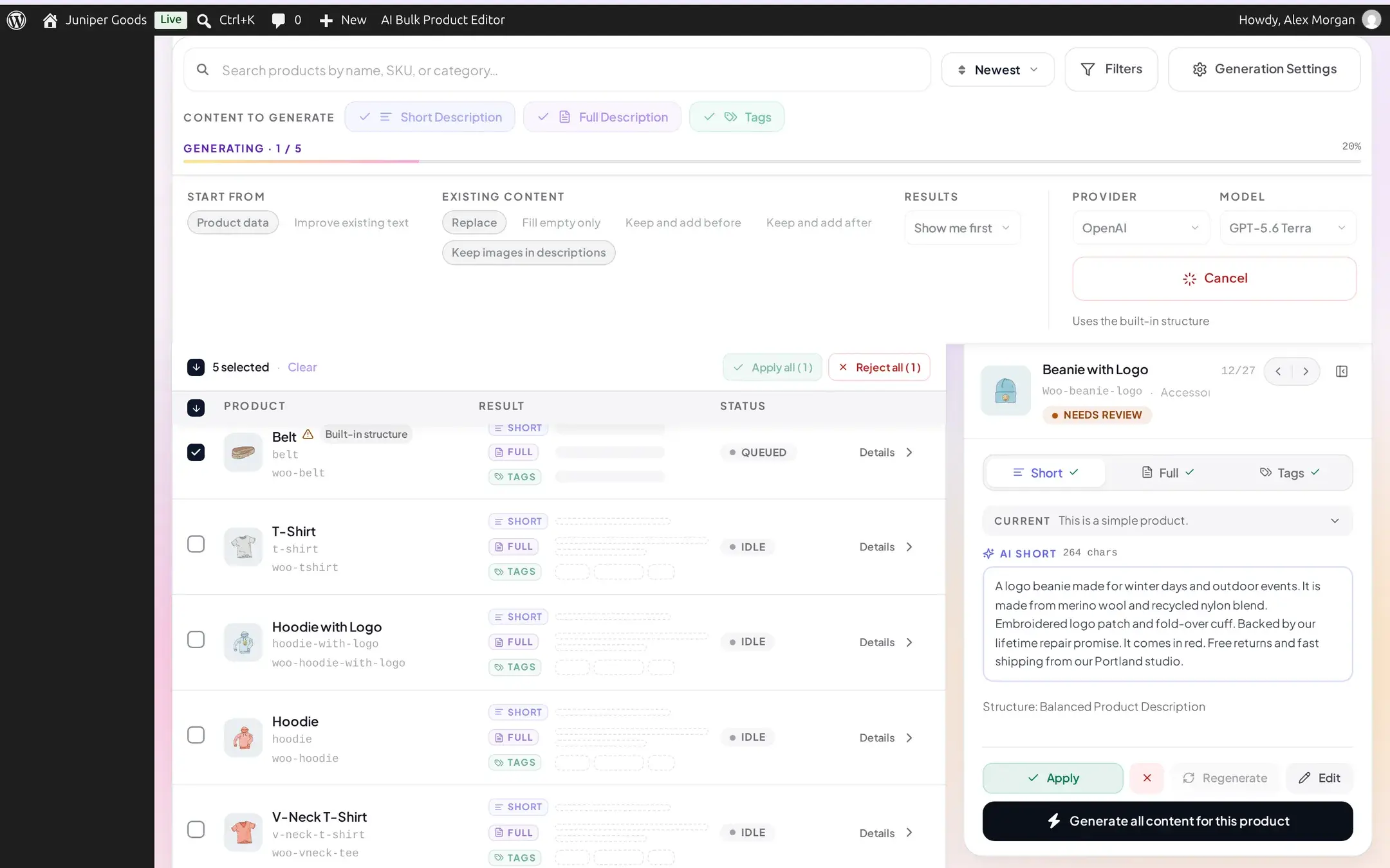 Product list mid-batch with a Generating progress indicator and a Cancel button in place of Generate Bulk