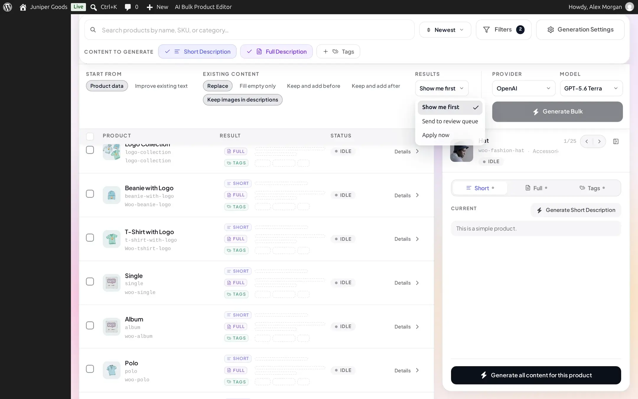 Results dropdown open showing Show me first, Send to review queue, and Apply now, all selectable on a Business plan