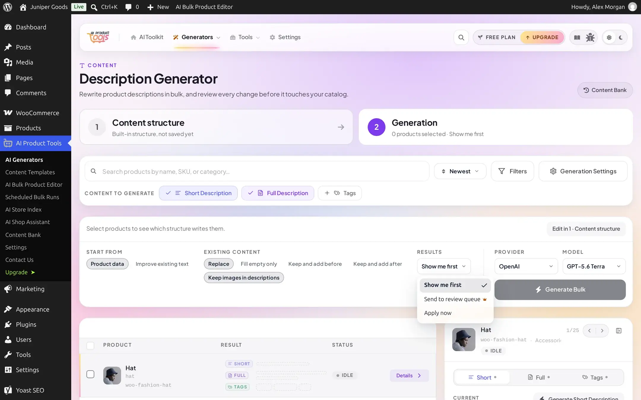 Results dropdown on Free showing Show me first checked, Send to review queue marked with a small crown lock icon, and Apply now