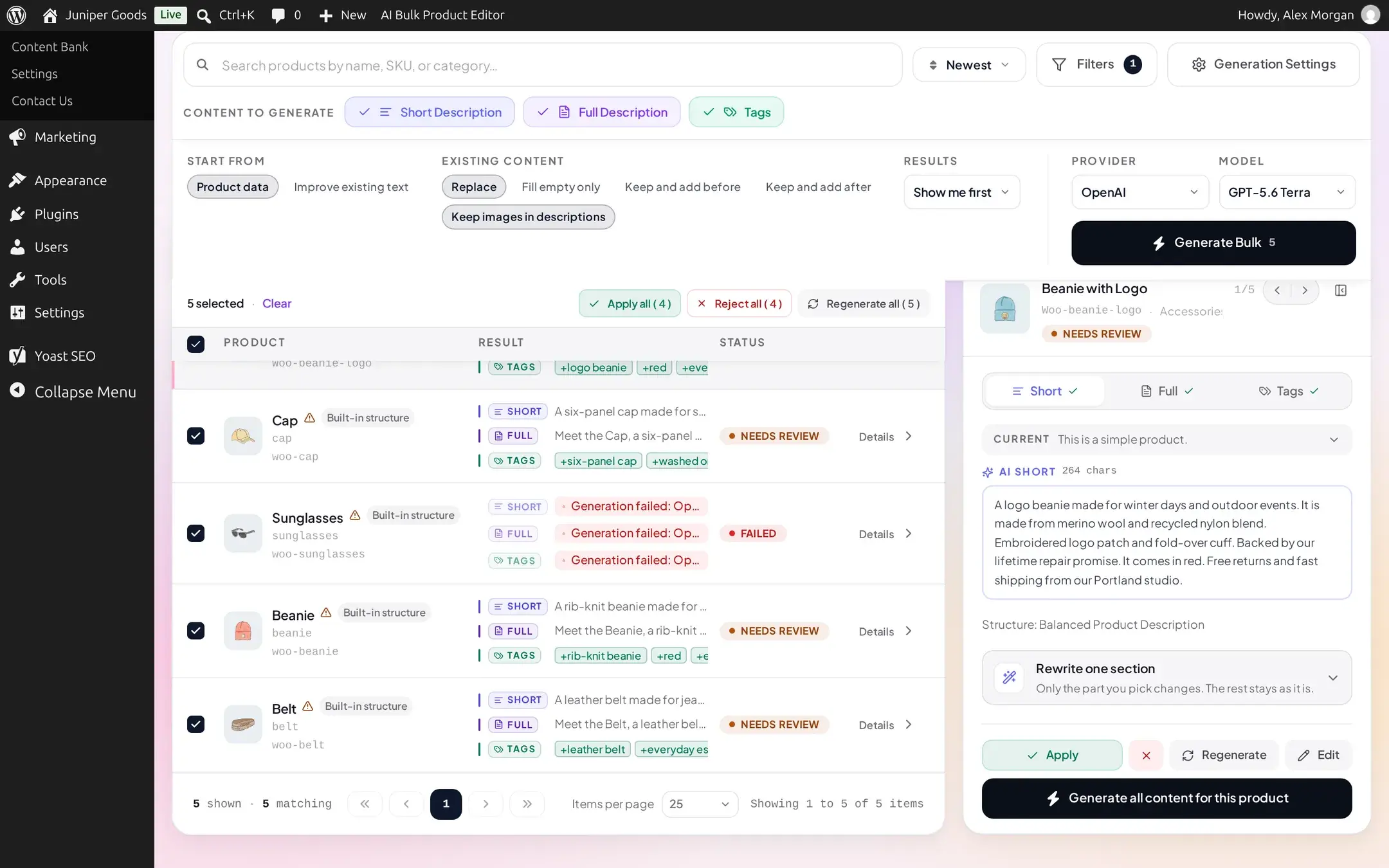 Product list after a batch with a mix of row statuses: several rows marked review, one row marked failed