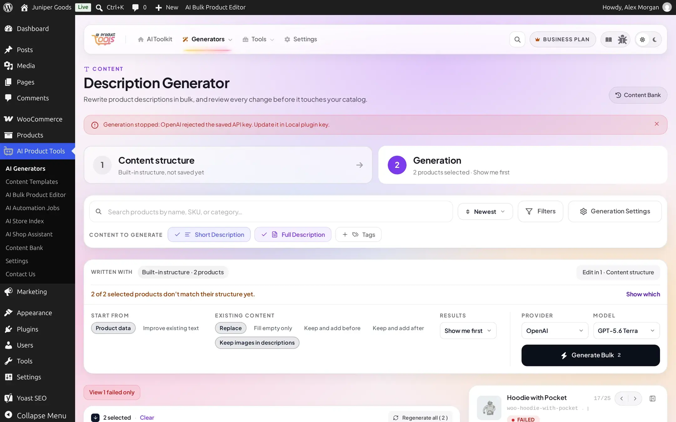 Red Generation stopped banner after a batch halted on an invalid OpenAI API key, with untouched rows left in their original idle state