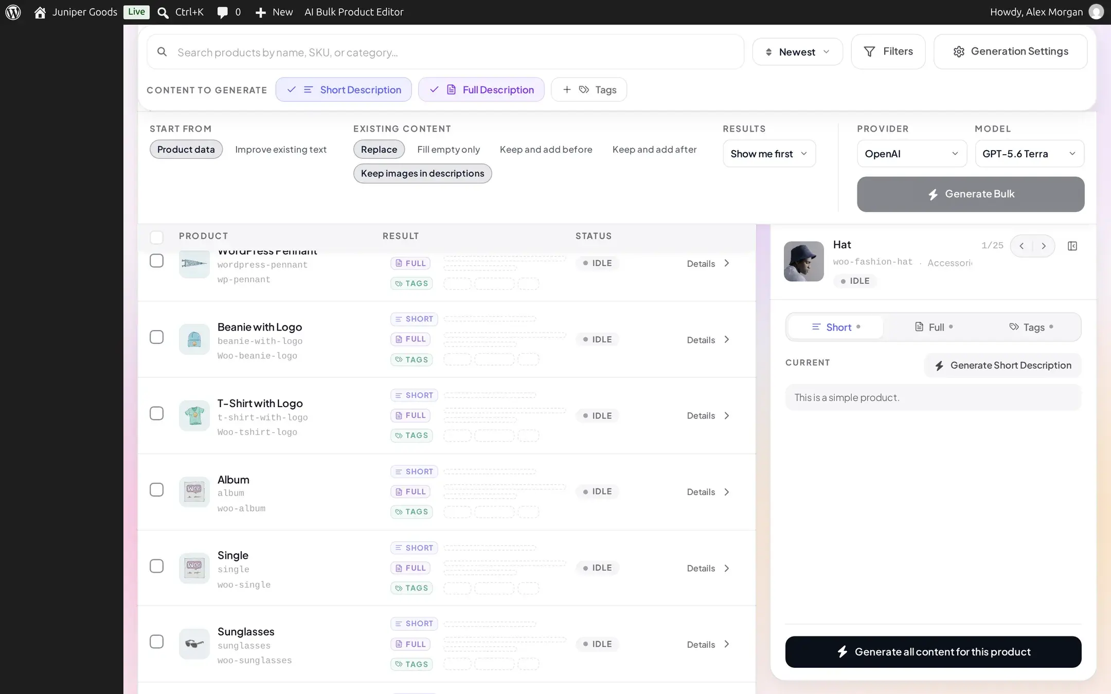 Toolbar and run bar showing Start from, Existing content, Results, Provider and Model controls above an idle product list