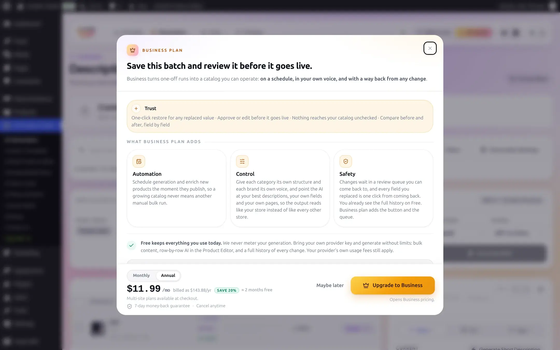 Business plan upgrade modal titled Save this batch and review it before it goes live, listing Automation, Control, and Safety, with pricing and an Upgrade to Business button