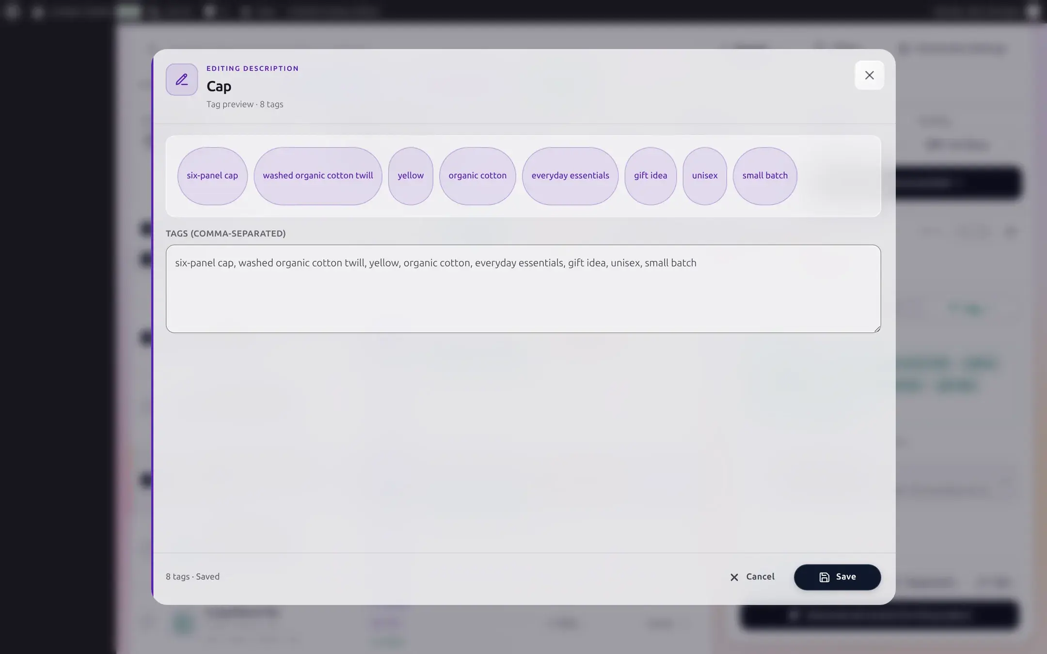 Editing description modal for a product's tags, showing eight tag chips and a comma-separated tags textarea with an 8 tags Saved indicator