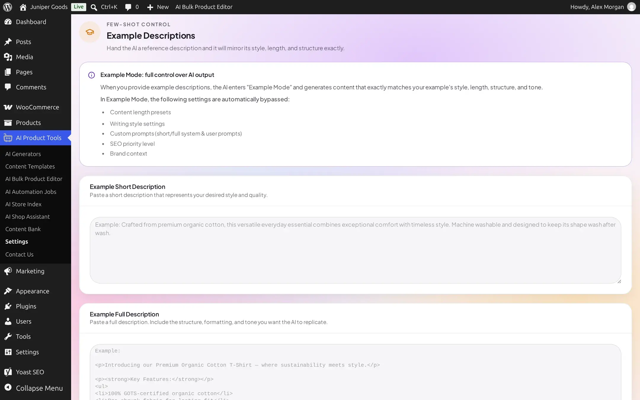 Example Descriptions section on Business, with real Example Short Description and Example Full Description text areas