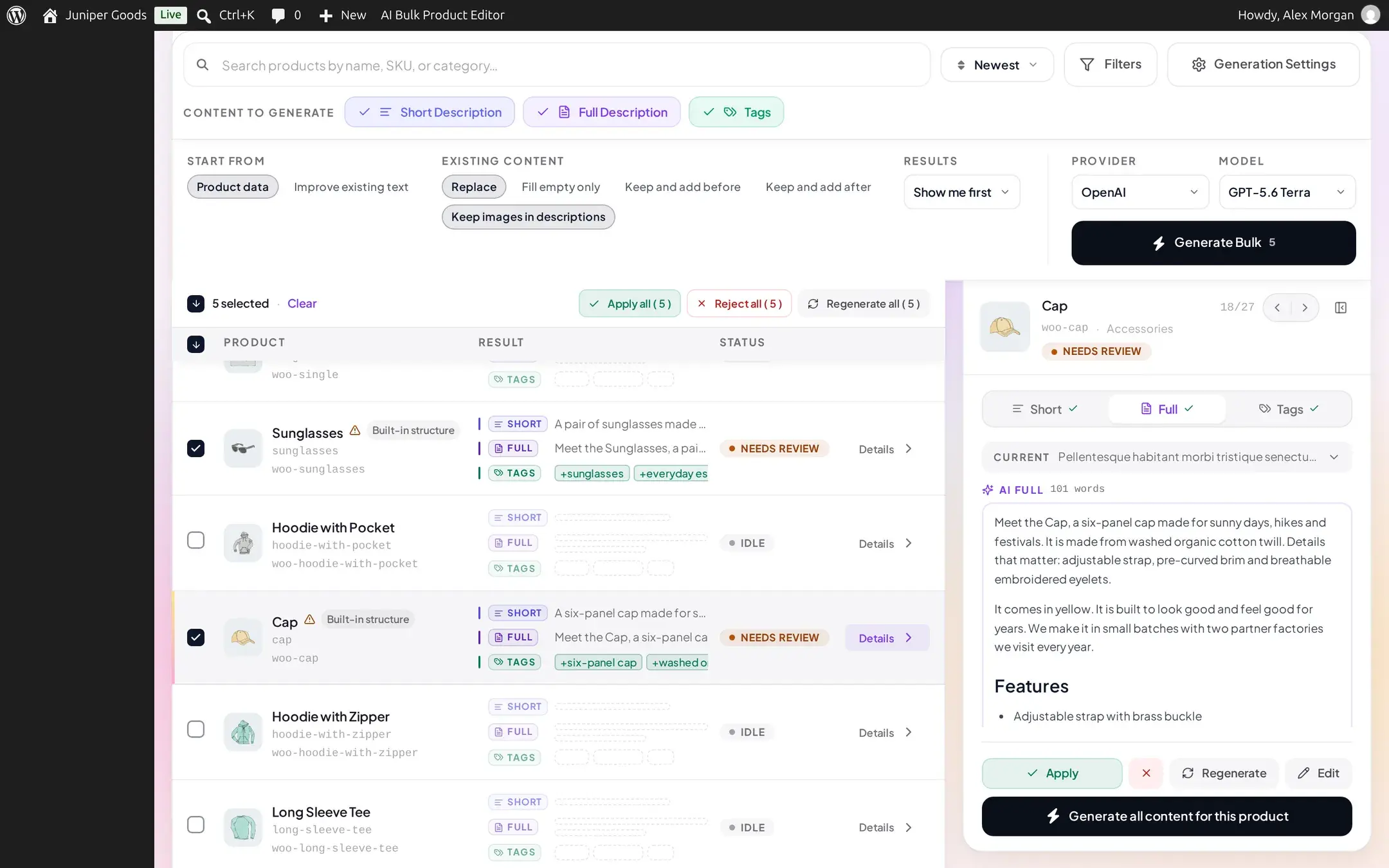 Side inspector panel for a Cap product, Full tab active, showing the current lorem-ipsum description above the generated replacement with a Features bullet list