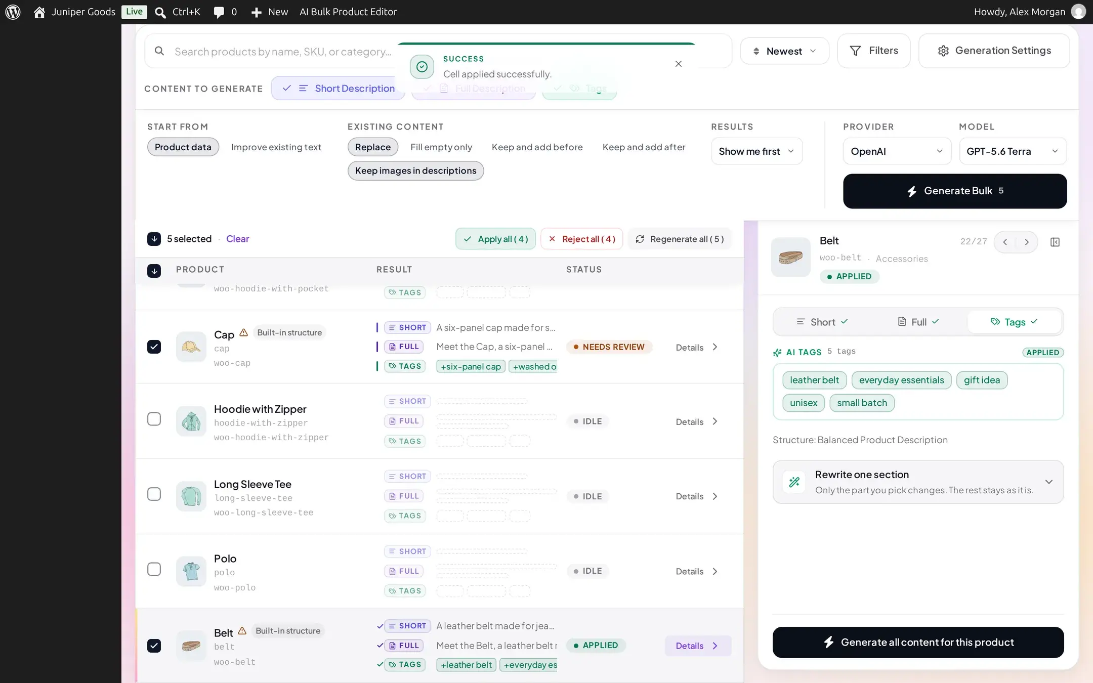 Product row showing a green Applied status and checkmarks on every content type right after an apply, with a Cell applied successfully confirmation