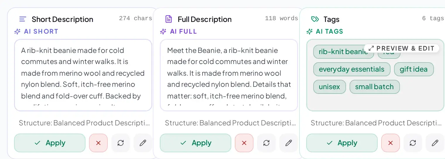 Expanded row showing Short Description, Full Description, and Tags side by side, each with its own character, word, or tag count, an AI label, a Structure provenance line, and Apply, Reject, Regenerate, and Edit buttons