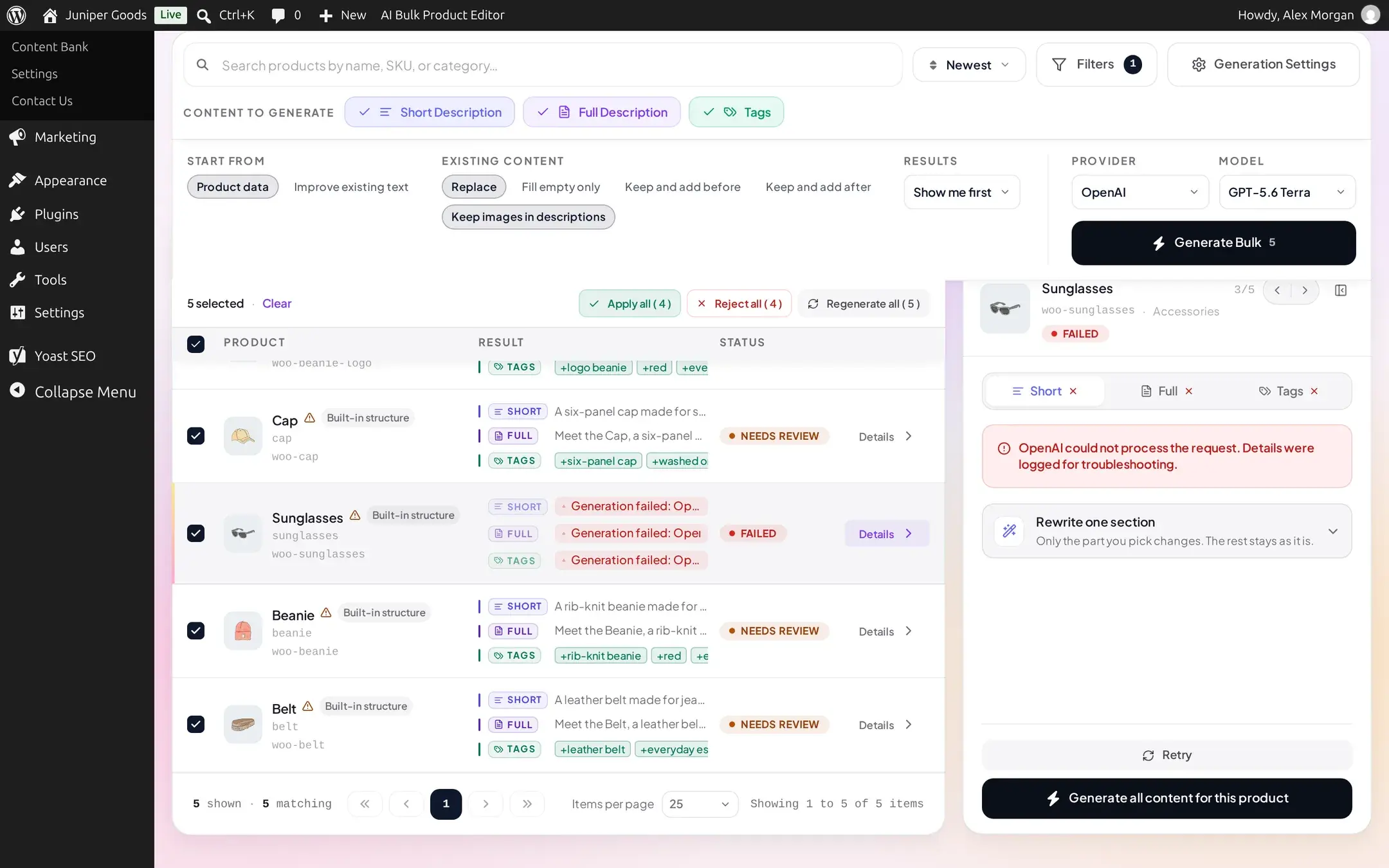Side panel for a failed Sunglasses product reading OpenAI could not process the request, Details were logged for troubleshooting, with a Retry button