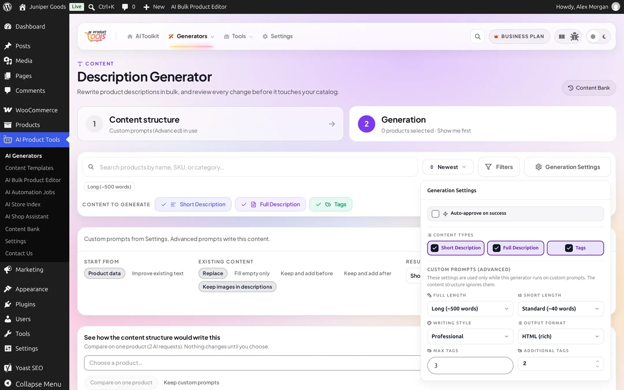 Generation Settings popover on the Advanced path, showing Full Length set to Long, Short Length set to Standard, Writing Style set to Professional, Output Format set to HTML (rich), Max Tags set to 3, and Additional Tags set to 2