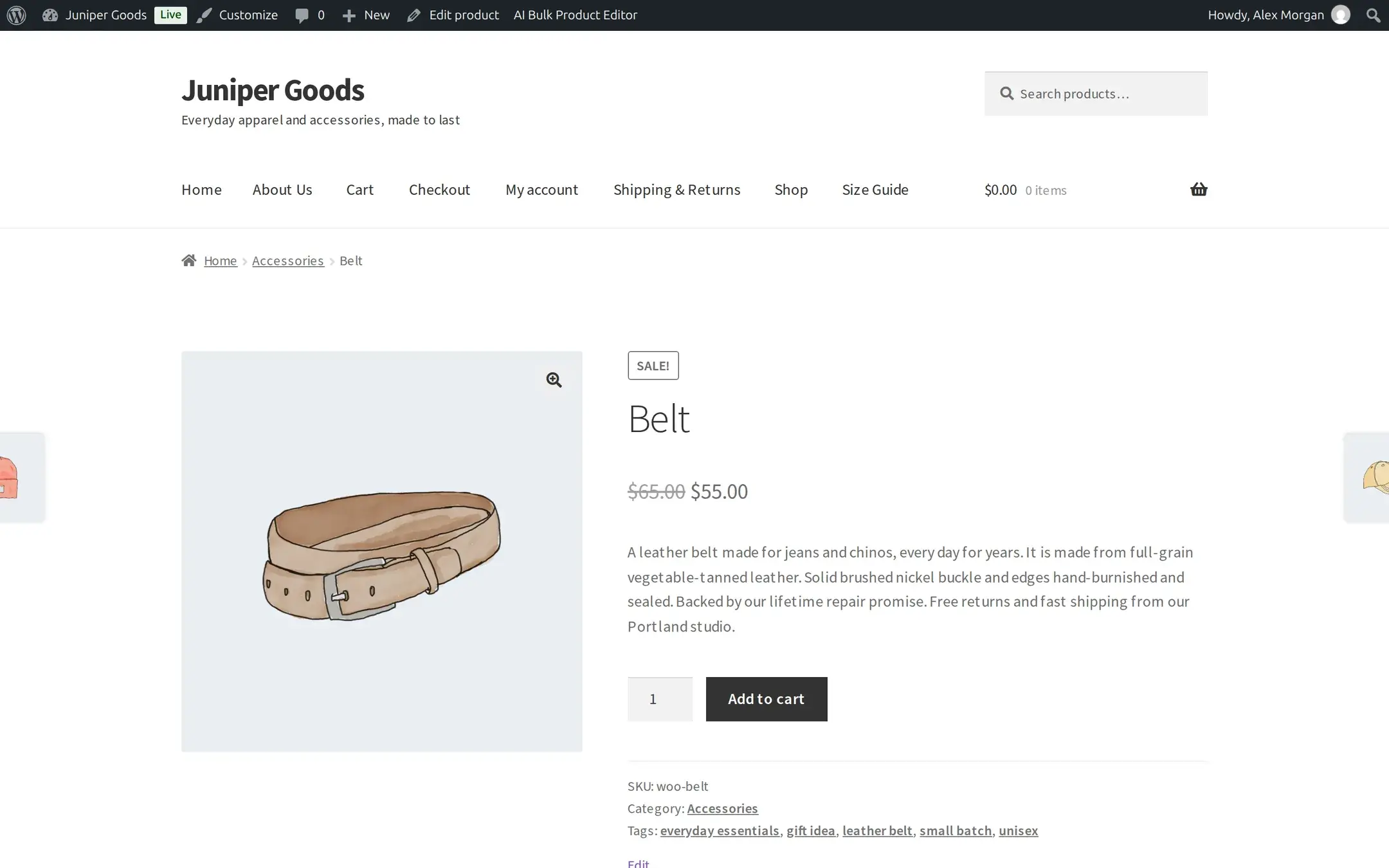Belt product page on the storefront after generation, showing the generated short description and a Tags row listing everyday essentials, gift idea, leather belt, small batch, unisex