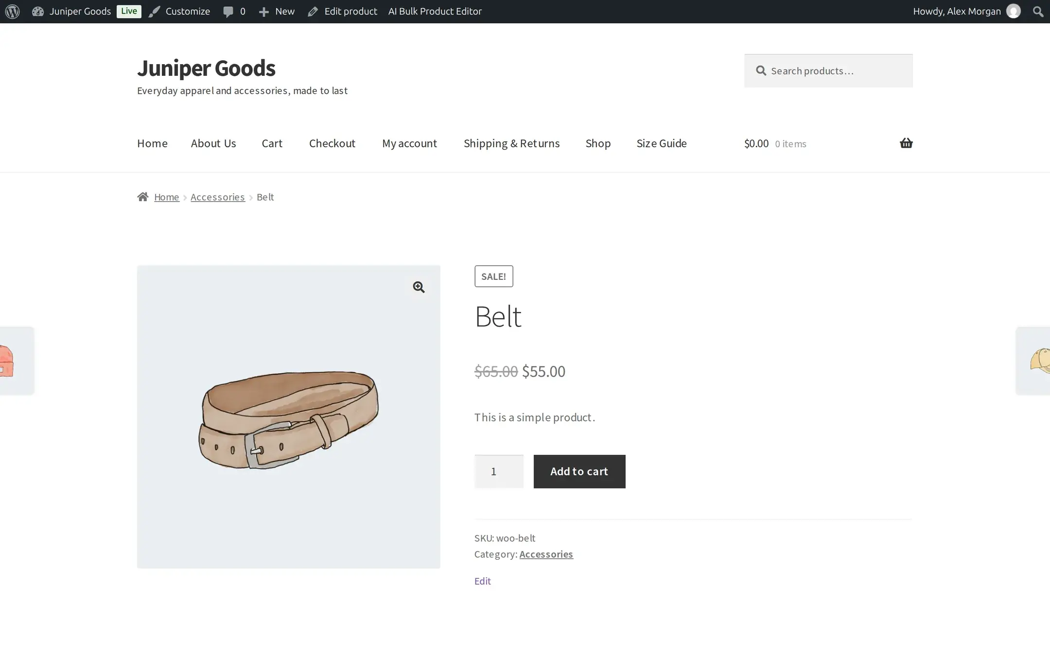 Belt product page on the storefront before generation, showing the WooCommerce sample text This is a simple product and no Tags row