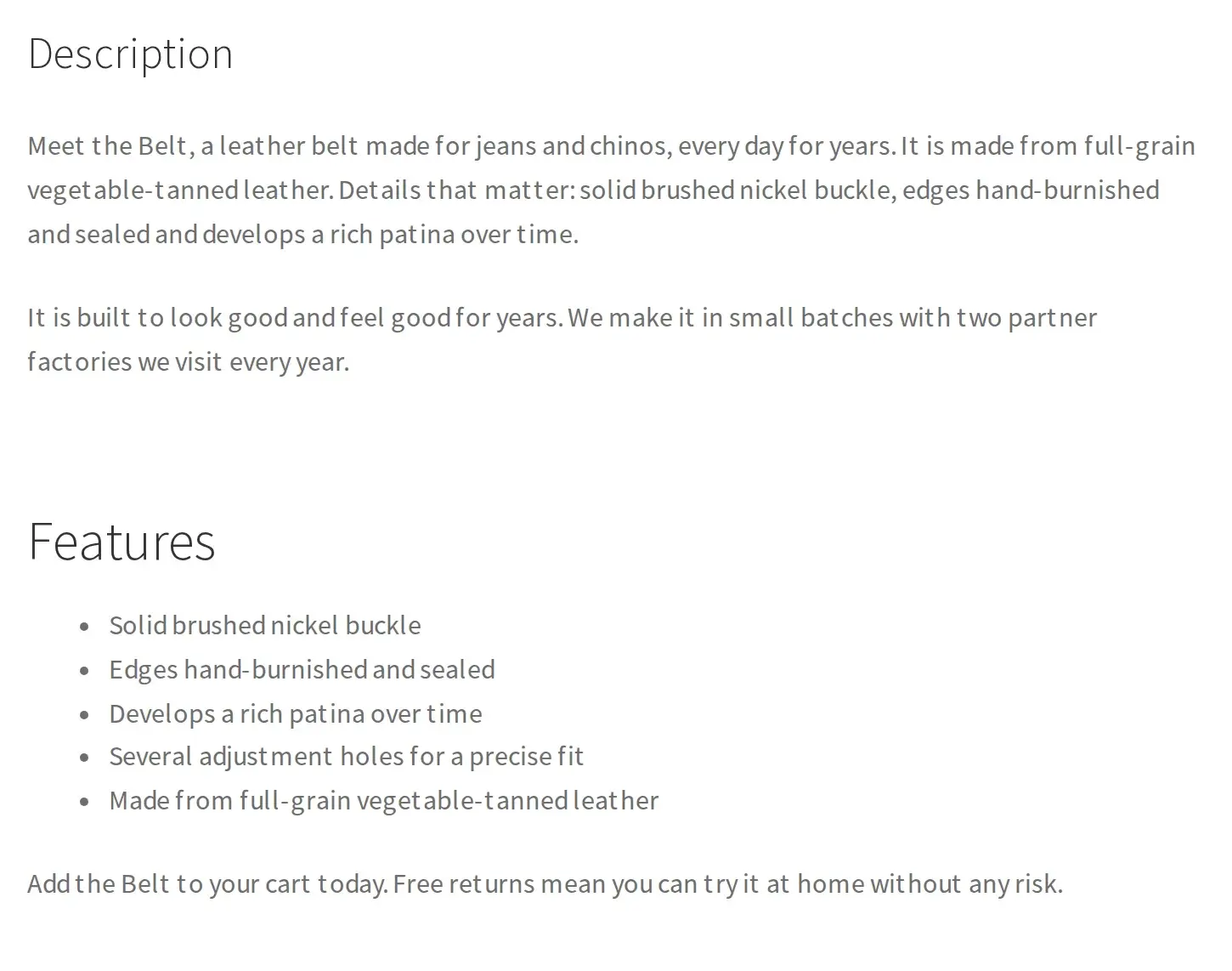 Belt product page's Description tab showing the generated full description with a Features bullet list