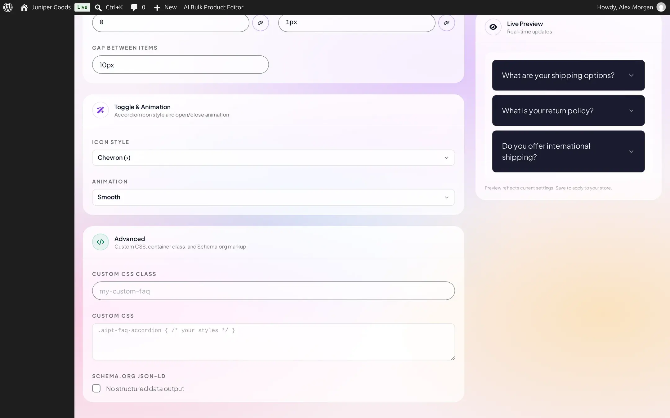 Business Customization panel with Icon Style, Animation and Advanced sections including Custom CSS and Schema.org JSON-LD