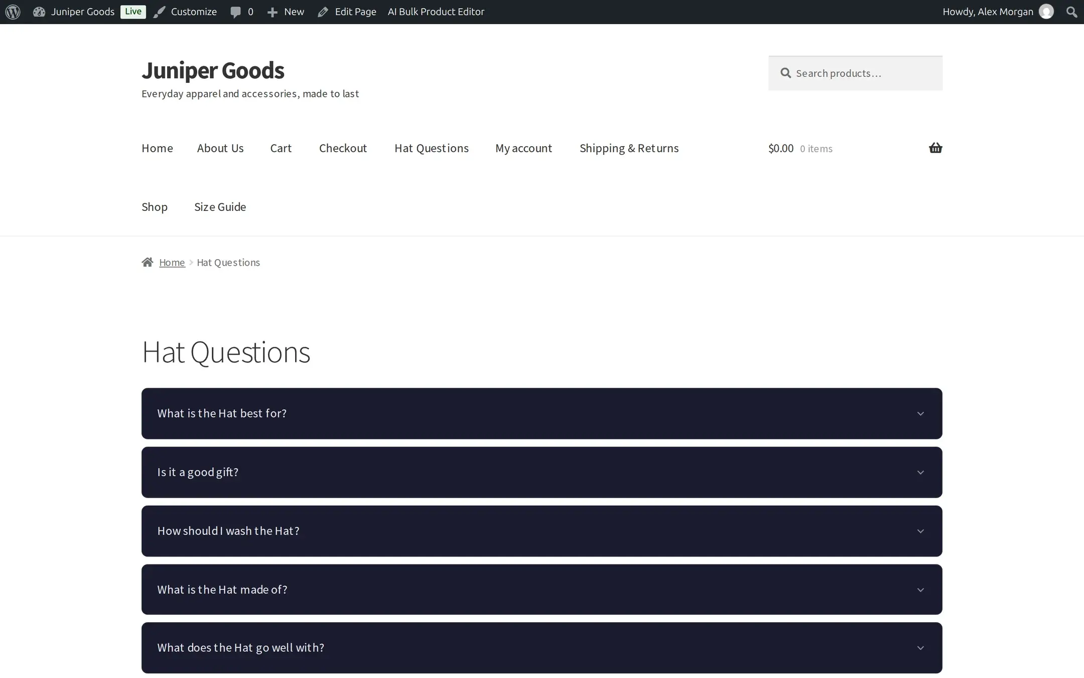 A standalone page titled Hat Questions rendering FAQs for one product via the aipt_faq shortcode