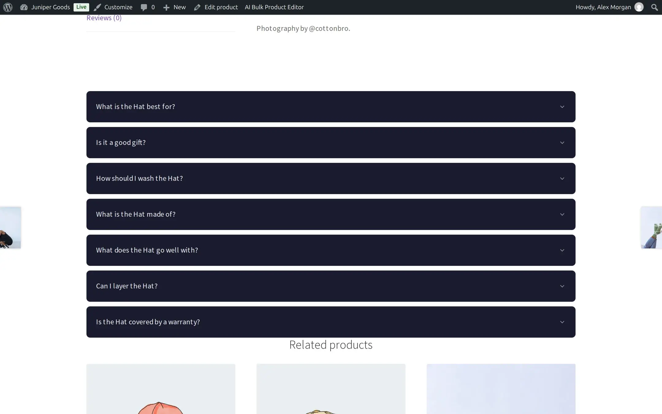 Product page FAQ accordion rendered in the Dark theme preset