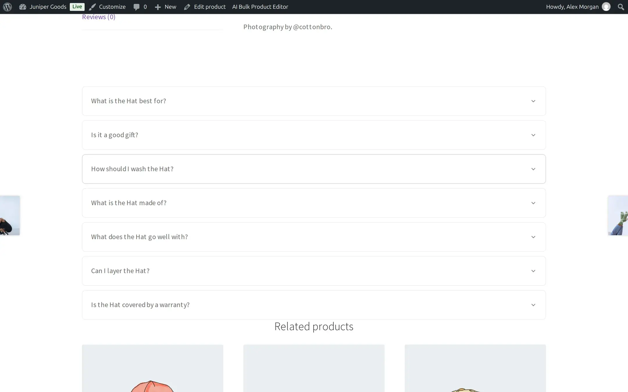 Product page on the Storefront theme showing the default FAQ accordion with collapsible questions