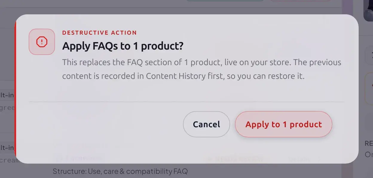 Confirmation dialog reading Apply FAQs to 1 product, this replaces the FAQ section