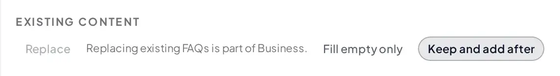 Existing content control on Free with Replace shown disabled and a Business label next to it
