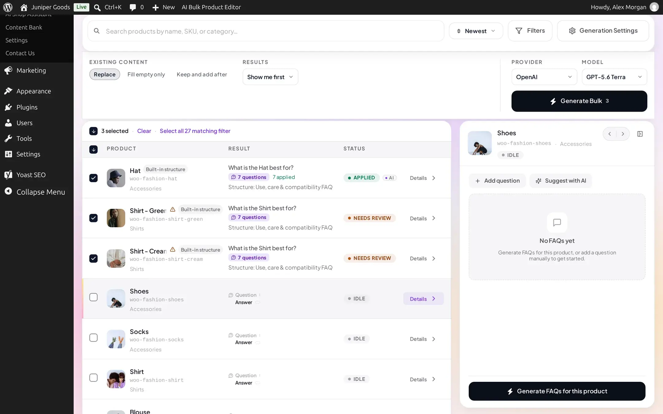 A product with no FAQs yet, showing Add question and Suggest with AI buttons