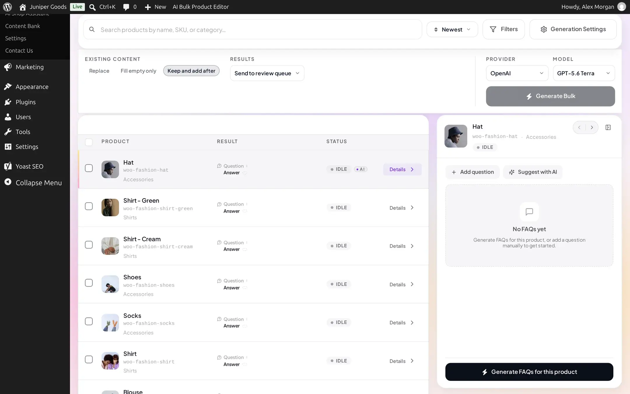 The FAQ Generator Products tab with the product list, run bar and an empty inspector panel