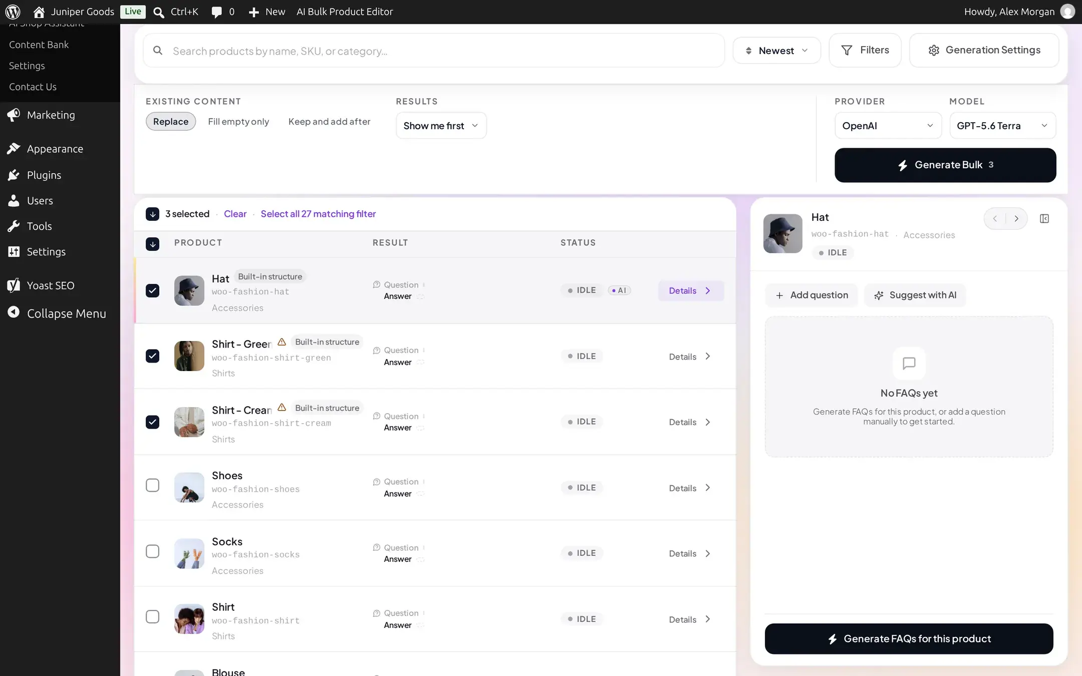 Three products selected in the FAQ Generator with Existing content and Results controls visible