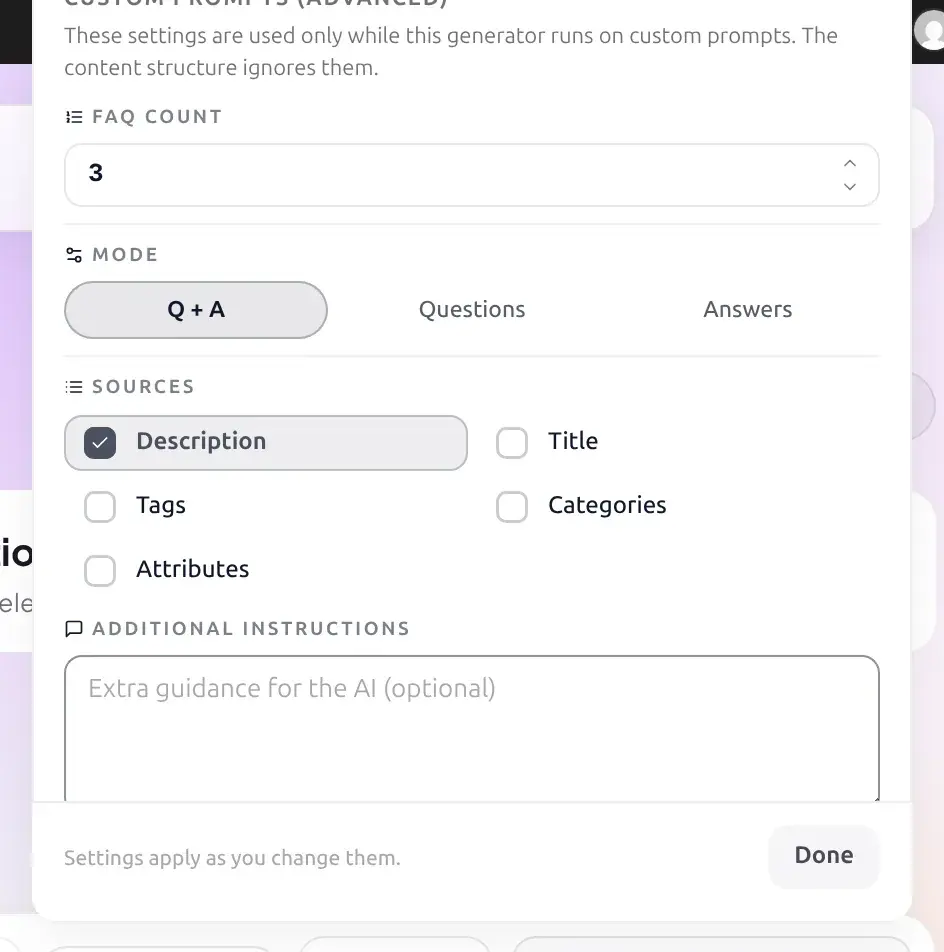Generation Settings popover on Business showing FAQ count, Mode and Sources all unlocked