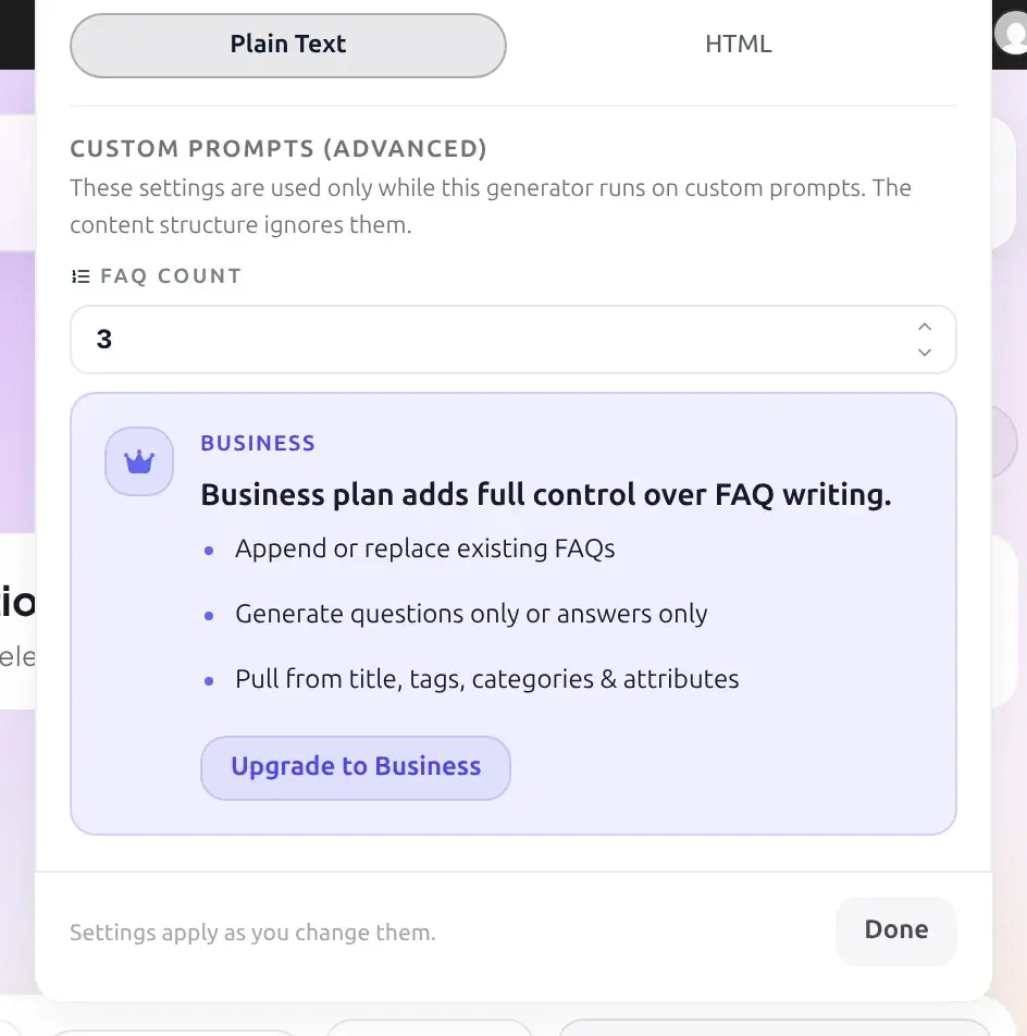 Generation Settings popover on Free showing Mode and Sources replaced by an upgrade teaser