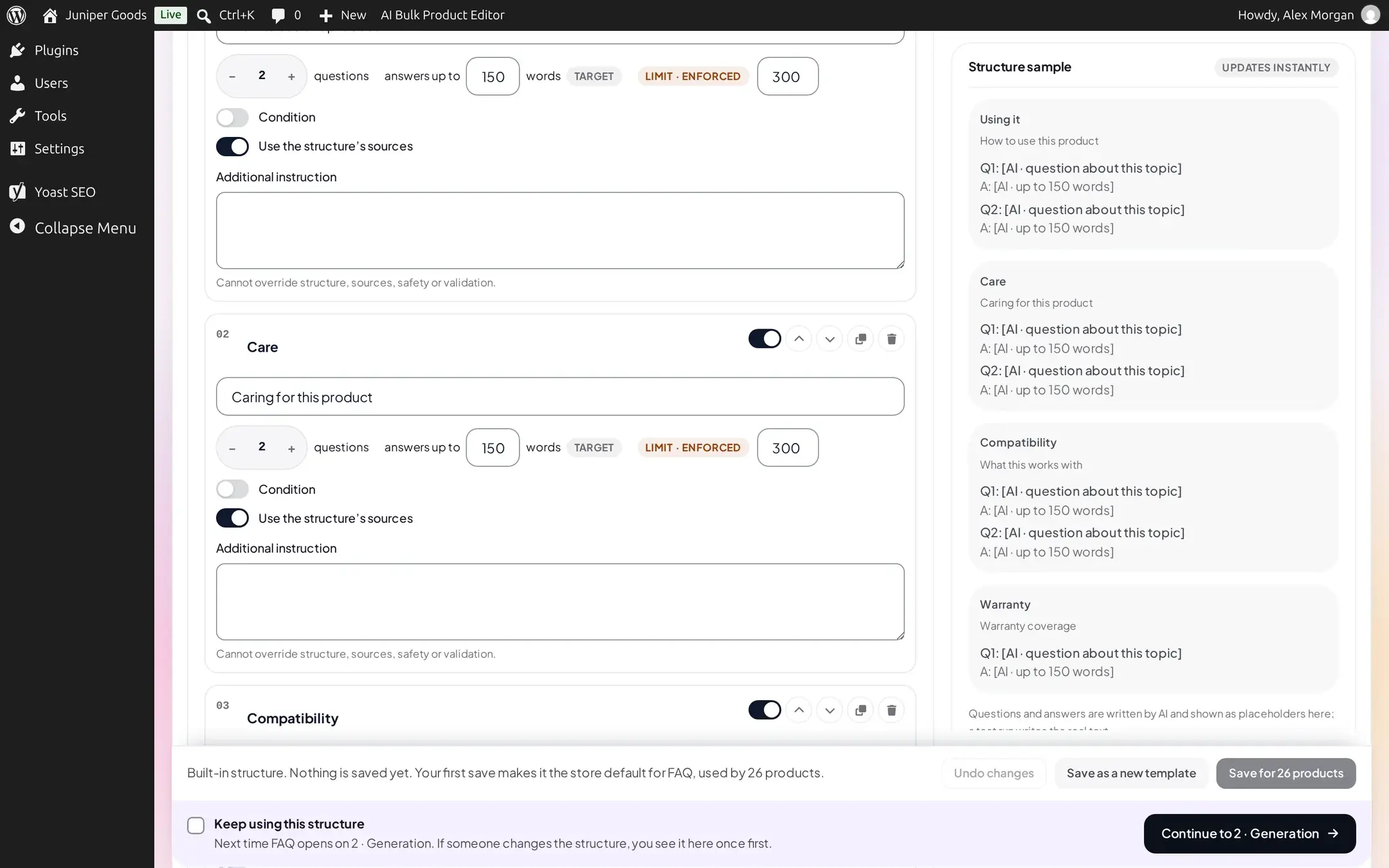 One question group expanded, showing its question count, answer length and condition toggle