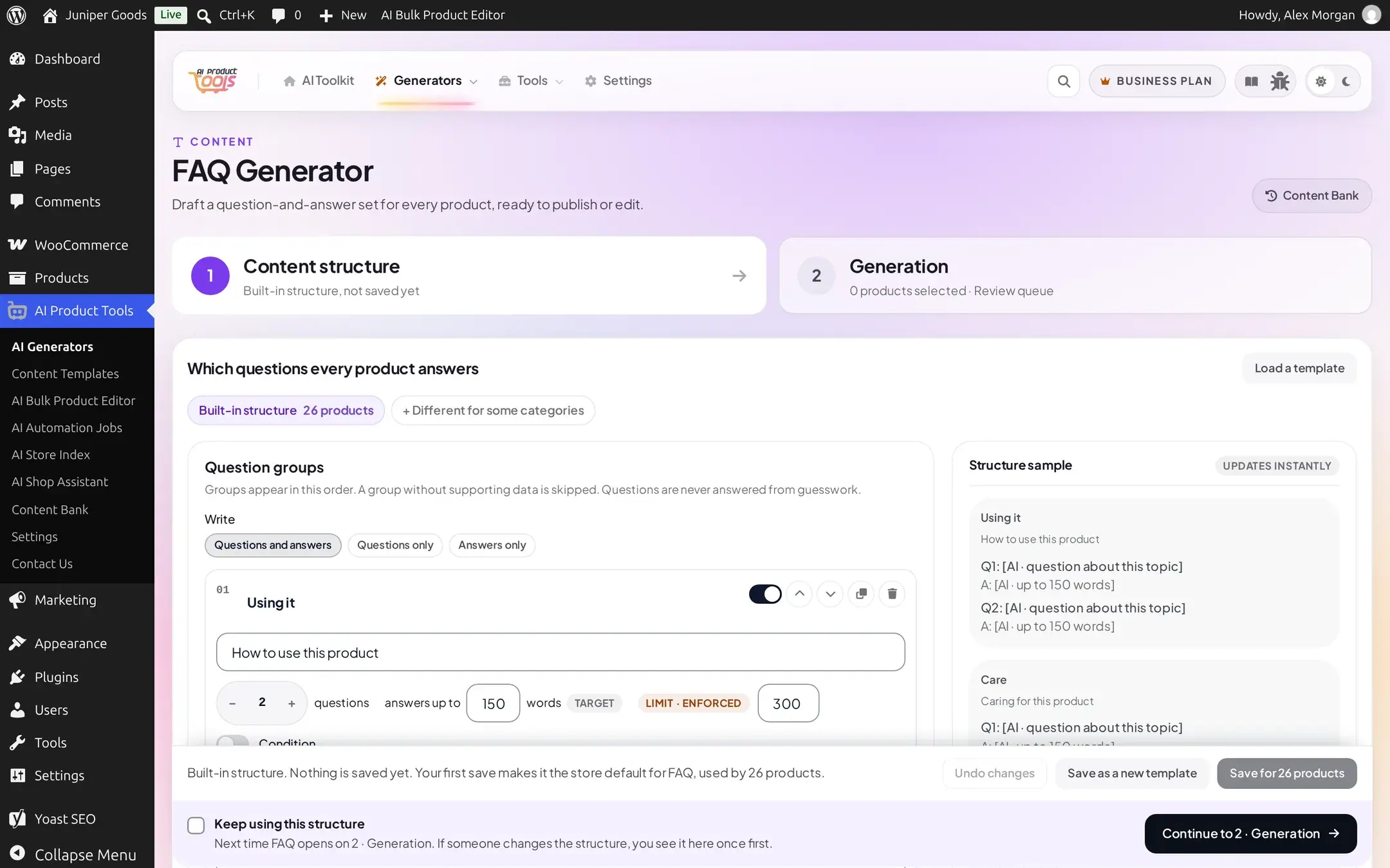 The Content structure tab showing Question groups for FAQs with a live structure sample