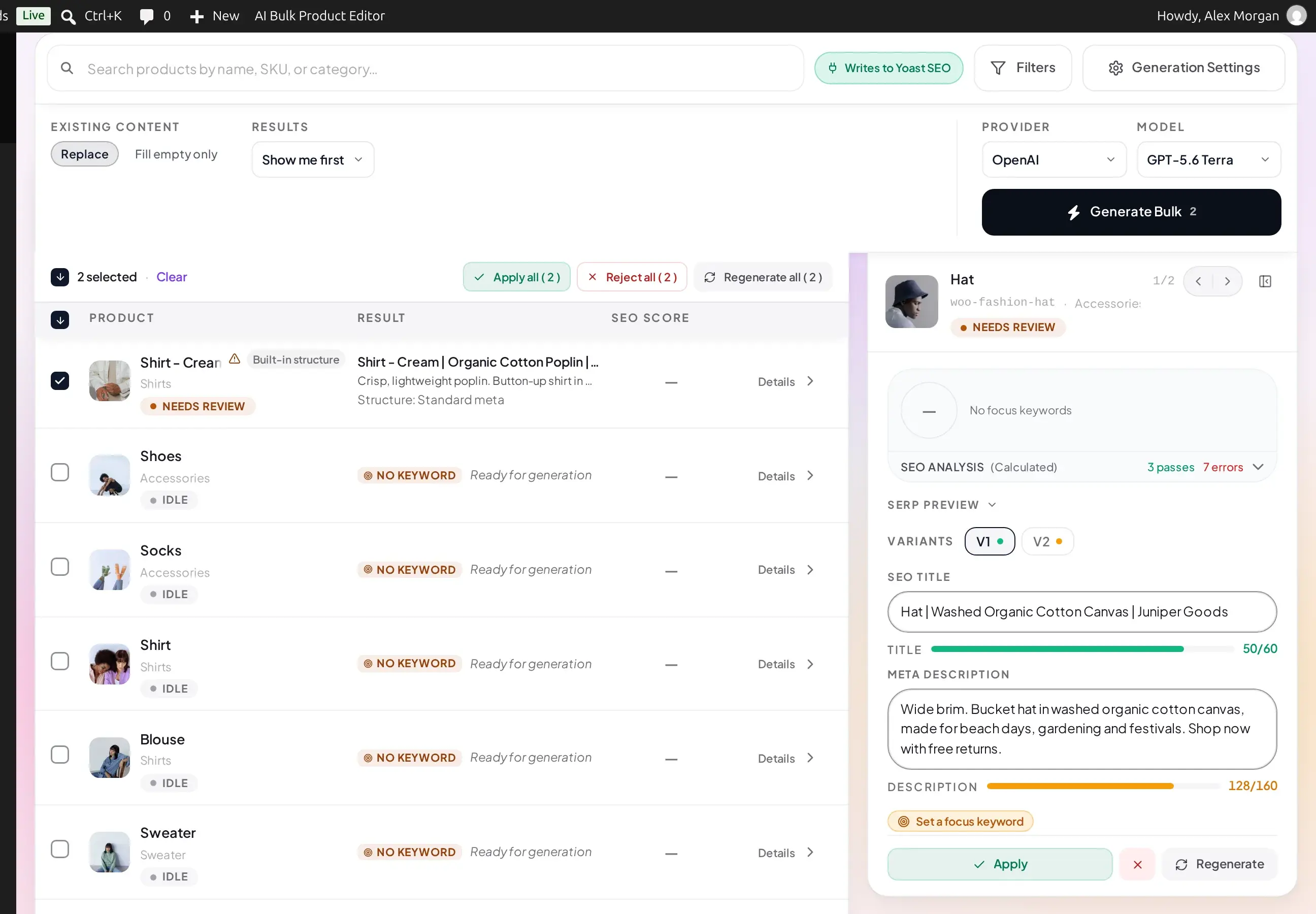 Product list after generating SEO meta for two products, with the inspector showing a SERP preview, SEO analysis, and character counters