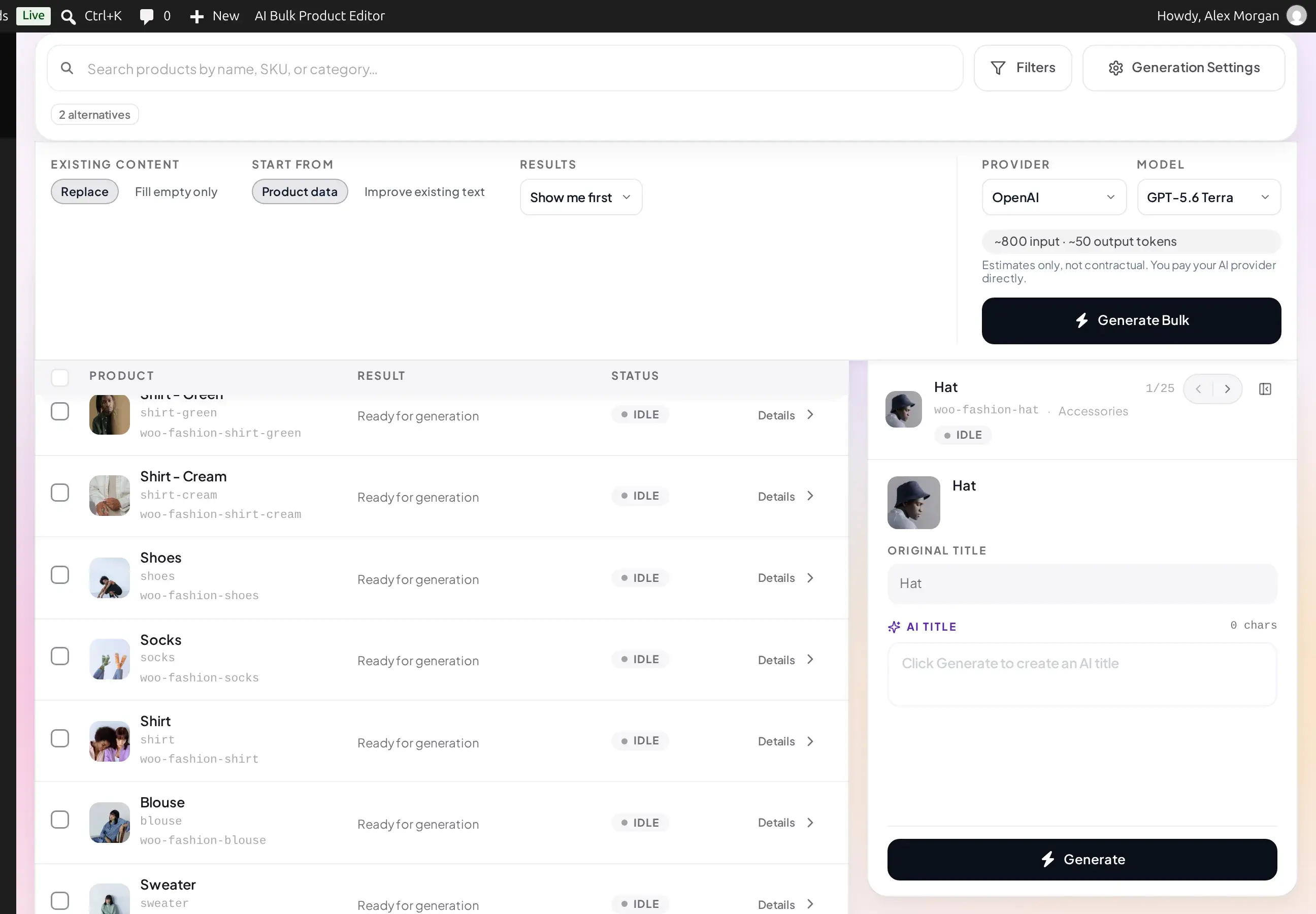 Title generator product list with the toolbar, run bar and an unselected product table