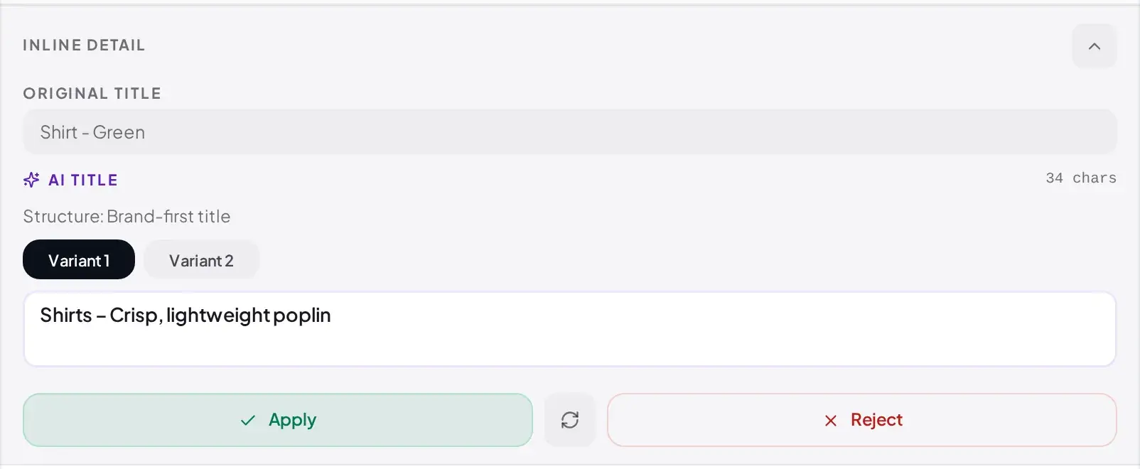 Expanded row showing the original title, two AI title variants, and Apply, Regenerate and Reject buttons