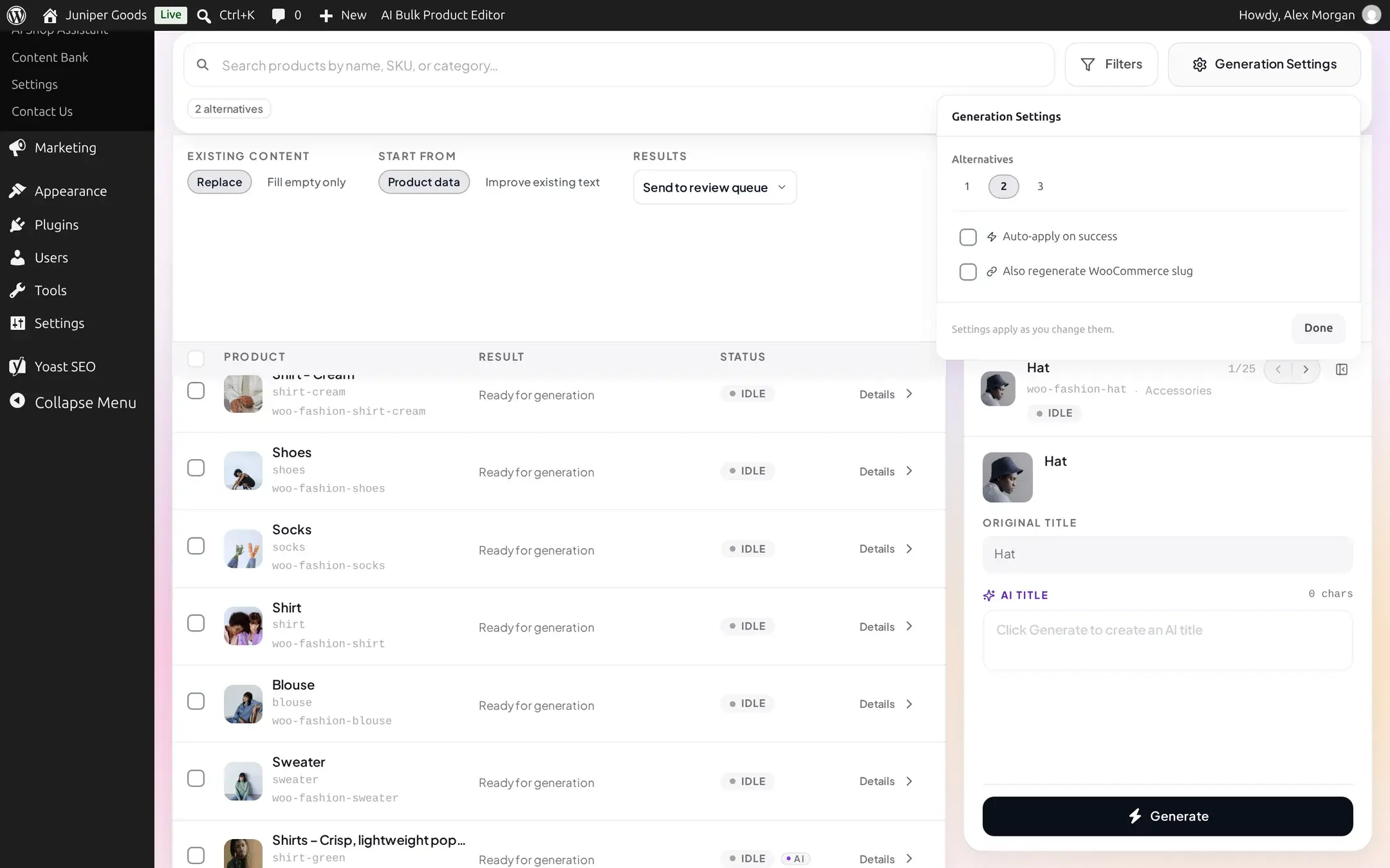 Advanced Generation Settings on Business showing Length, Tone, Mode, Keywords and all five Title Sources unlocked