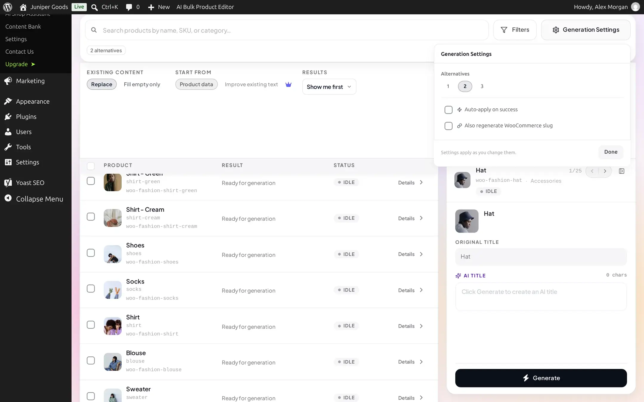 Advanced Generation Settings on the Free plan showing Length and Tone unlocked, Mode and Keywords hidden, and a Business upsell card