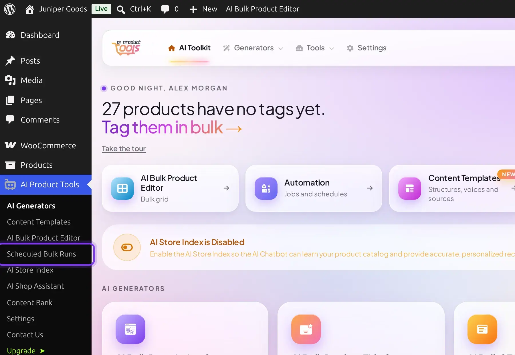 The WordPress admin left menu on the Free plan, showing the same rows but with Scheduled Bulk Runs instead of AI Automation Jobs, and an Upgrade link at the bottom