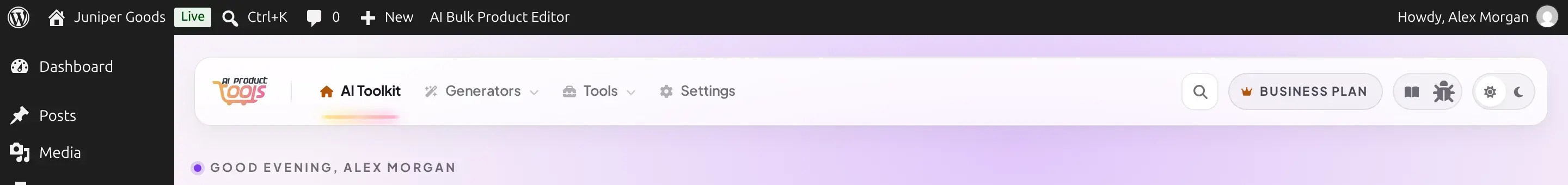 The AI Product Tools app bar with the logo, Generators and Tools menus, search icon, Business Plan badge, documentation and bug report icons, and a theme toggle