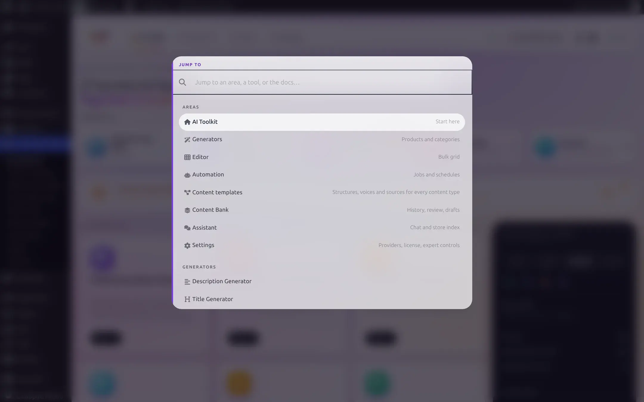 The Ctrl+K command palette open over the dashboard, showing Areas and Generators groups