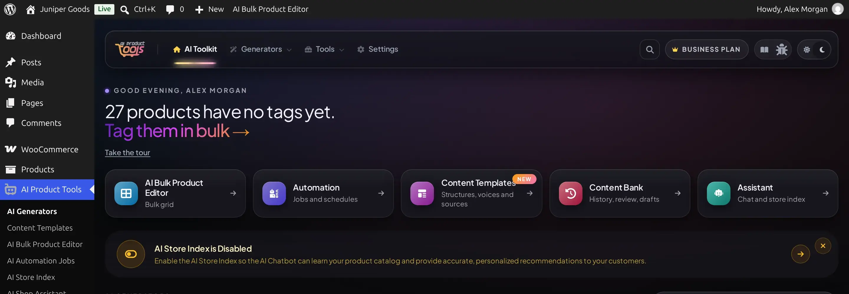 The AI Generators dashboard rendered in dark mode after clicking the theme toggle