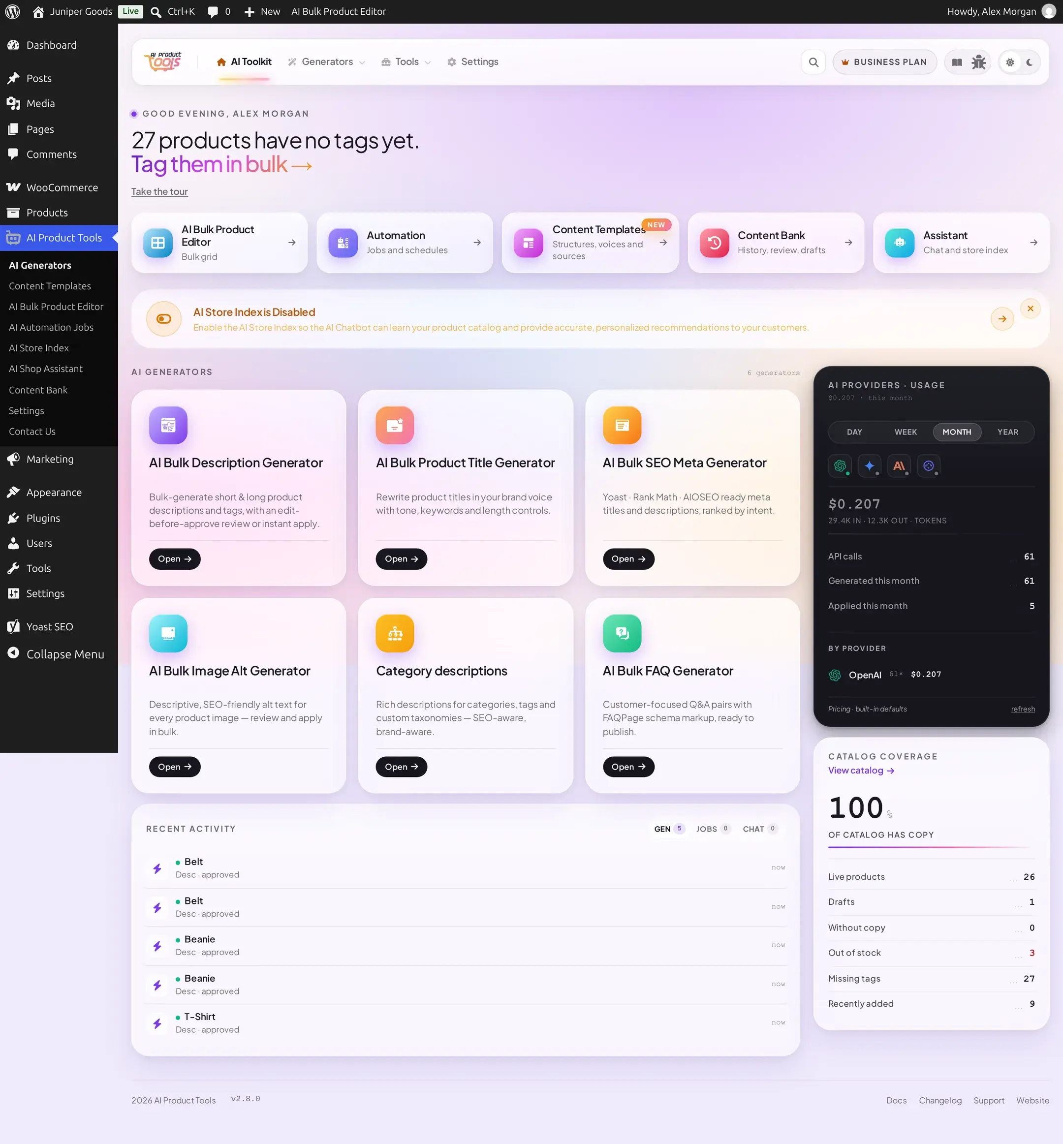 The AI Generators dashboard of AI Product Tools in a WooCommerce store