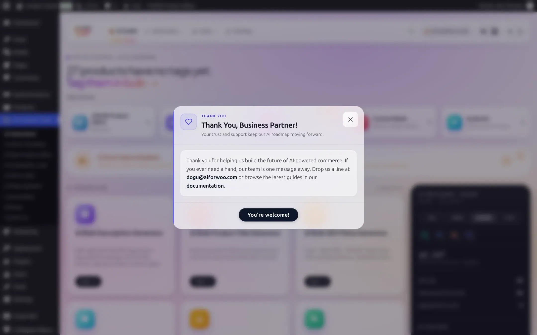 A Thank You Business Partner modal thanking the store owner for their support, with a support email and documentation link