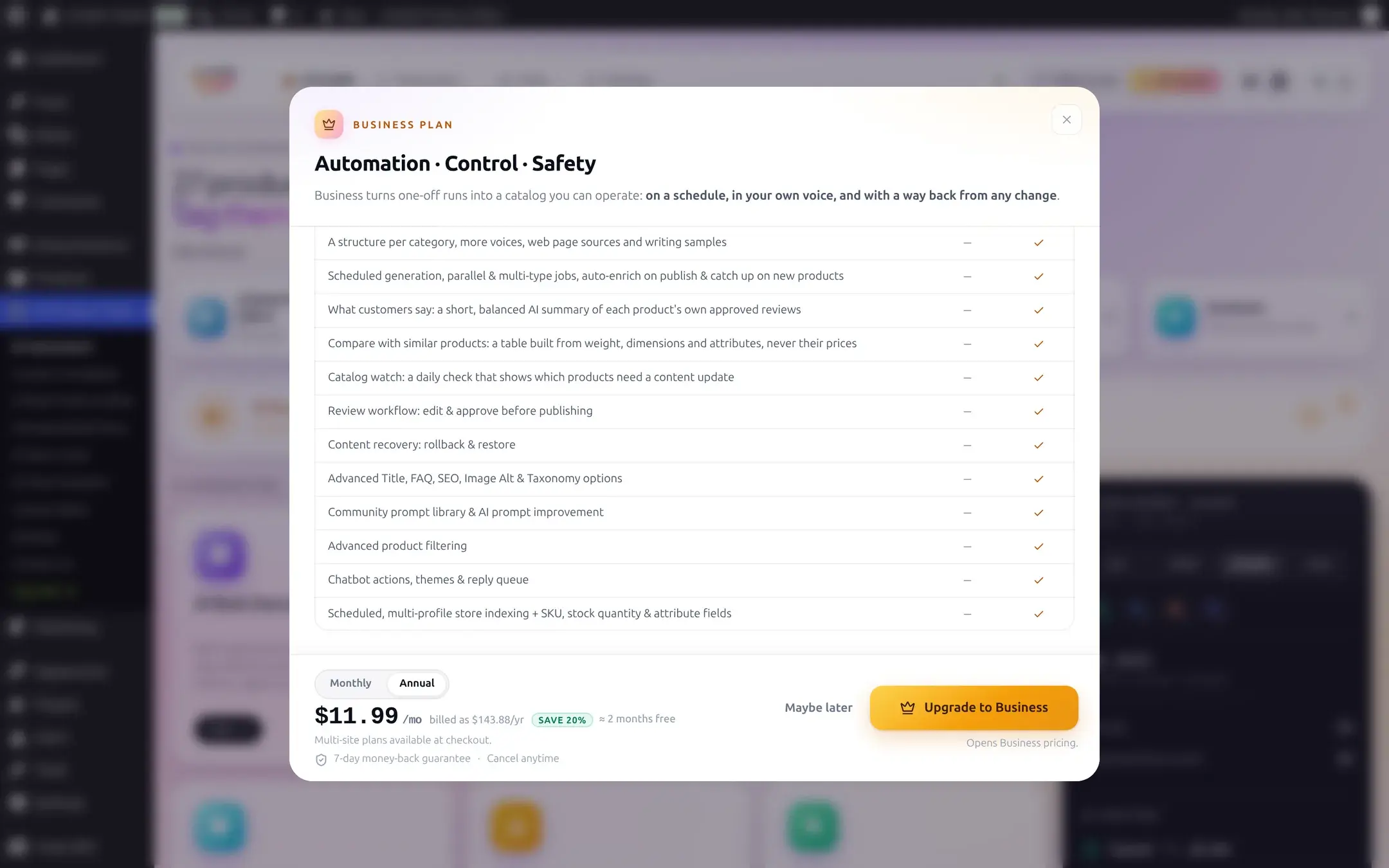 The Business plan comparison table scrolled to its Business-only rows, each with a dash under Free and a checkmark under Business: a structure per category, scheduled generation, What customers say, Compare with similar products, Catalog watch, review workflow, content recovery, and more