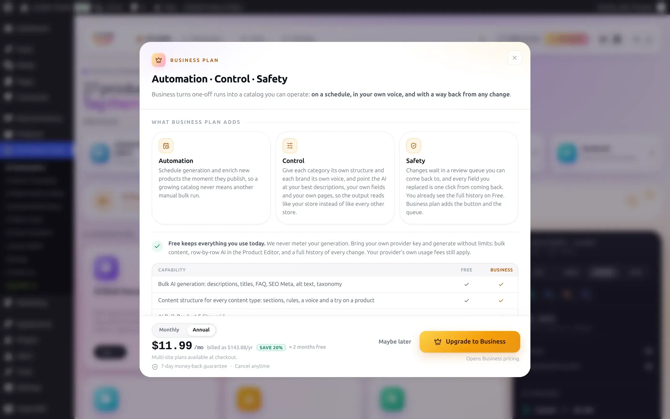 The Upgrade to Business modal with a headline Automation, Control, Safety, three value cards, and pricing of $11.99 per month billed annually with a 7-day money-back guarantee
