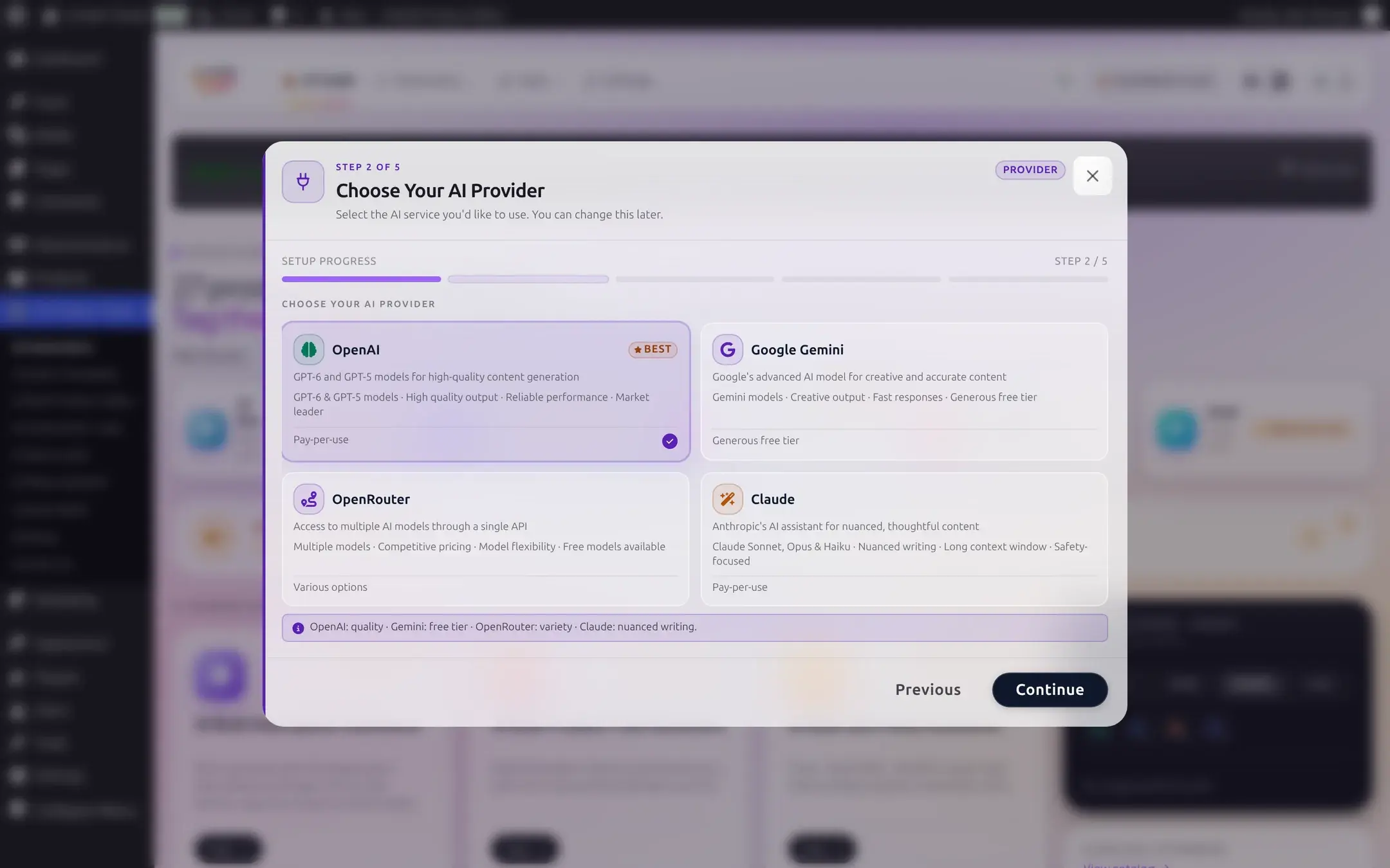 The Choose Your AI Provider step with four provider cards: OpenAI, Google Gemini, OpenRouter, and Claude