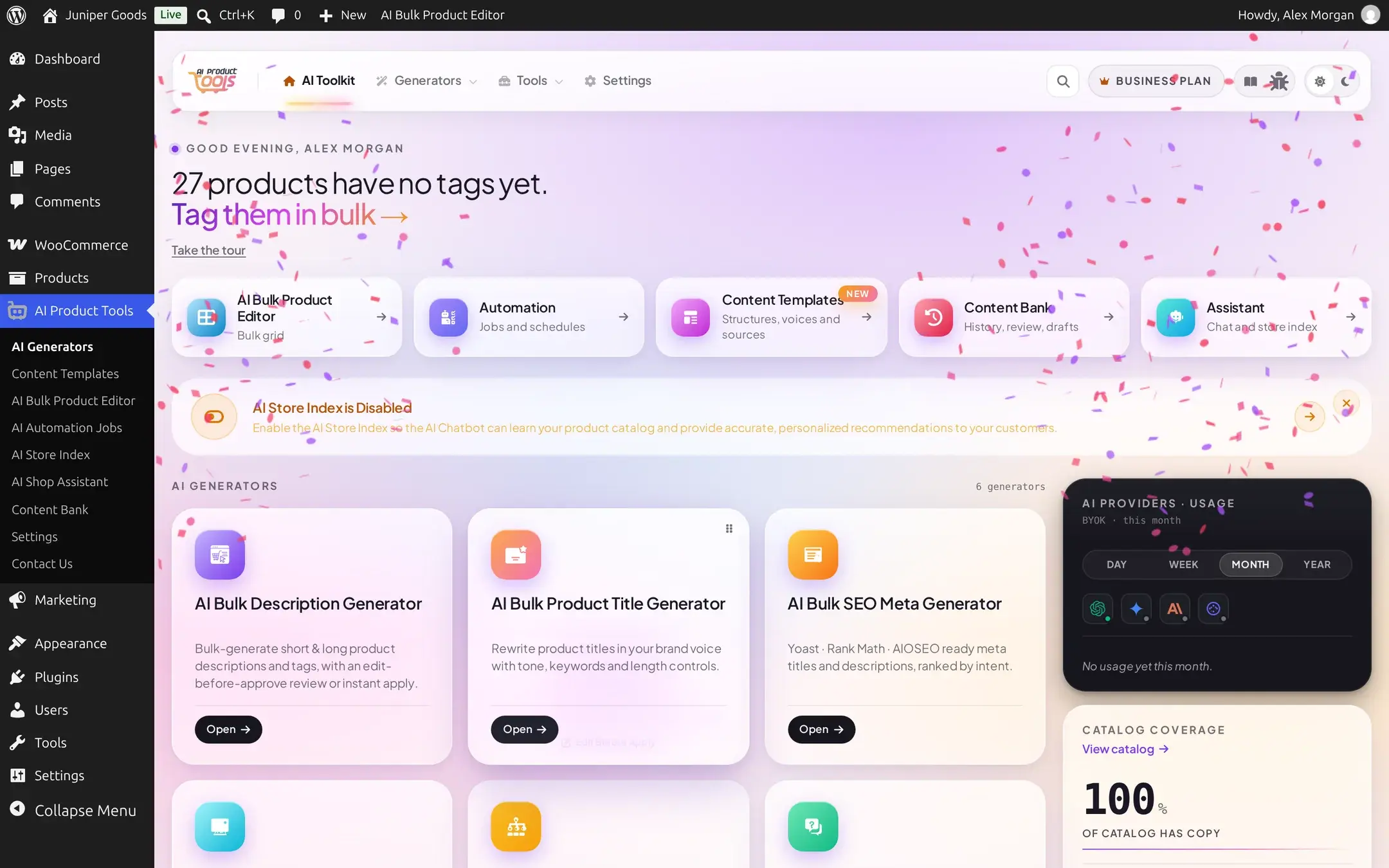 The AI Generators page with a confetti animation after finishing the guided tour