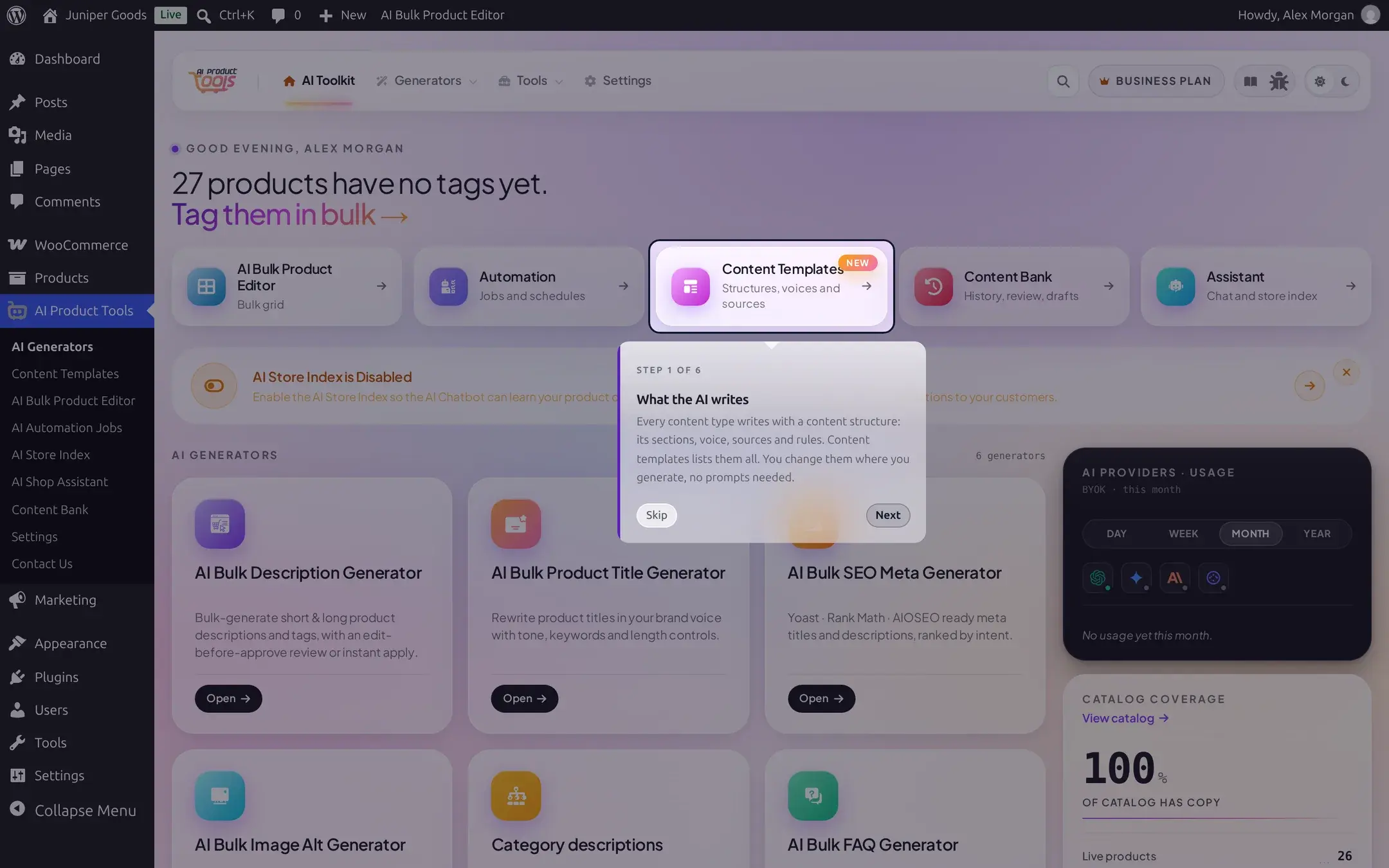 Guided tour step 1 of 6 spotlighting the Content Templates card on the AI Generators page