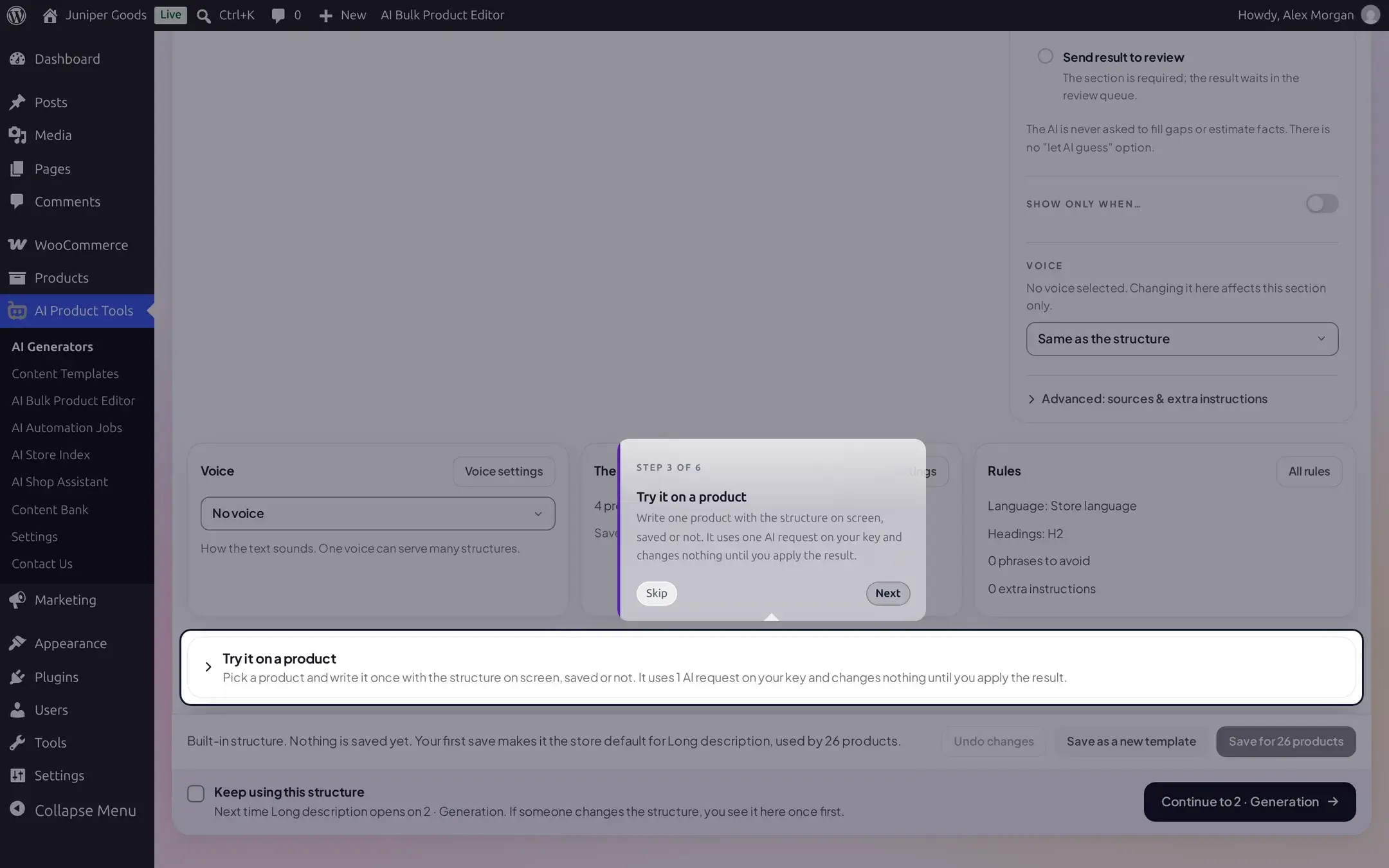 Guided tour step 3 of 6 spotlighting the Try it on a product panel on the Description generator
